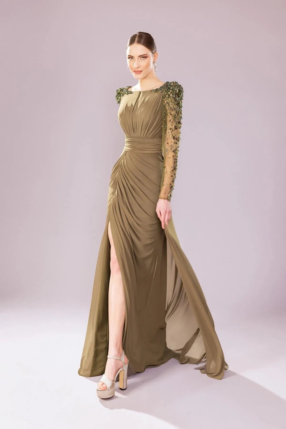 Transparent Long Sleeve Draped Evening Dress