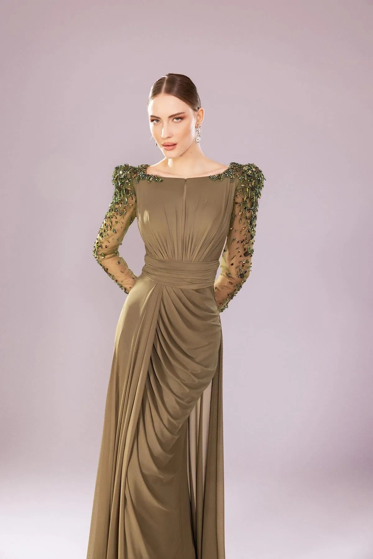 Transparent Long Sleeve Draped Evening Dress