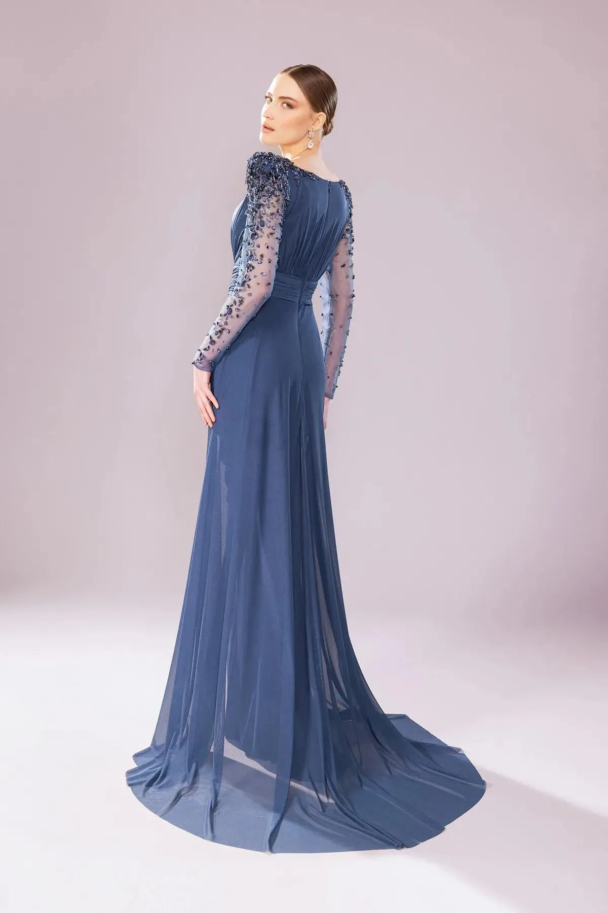 Transparent Long Sleeve Draped Evening Dress