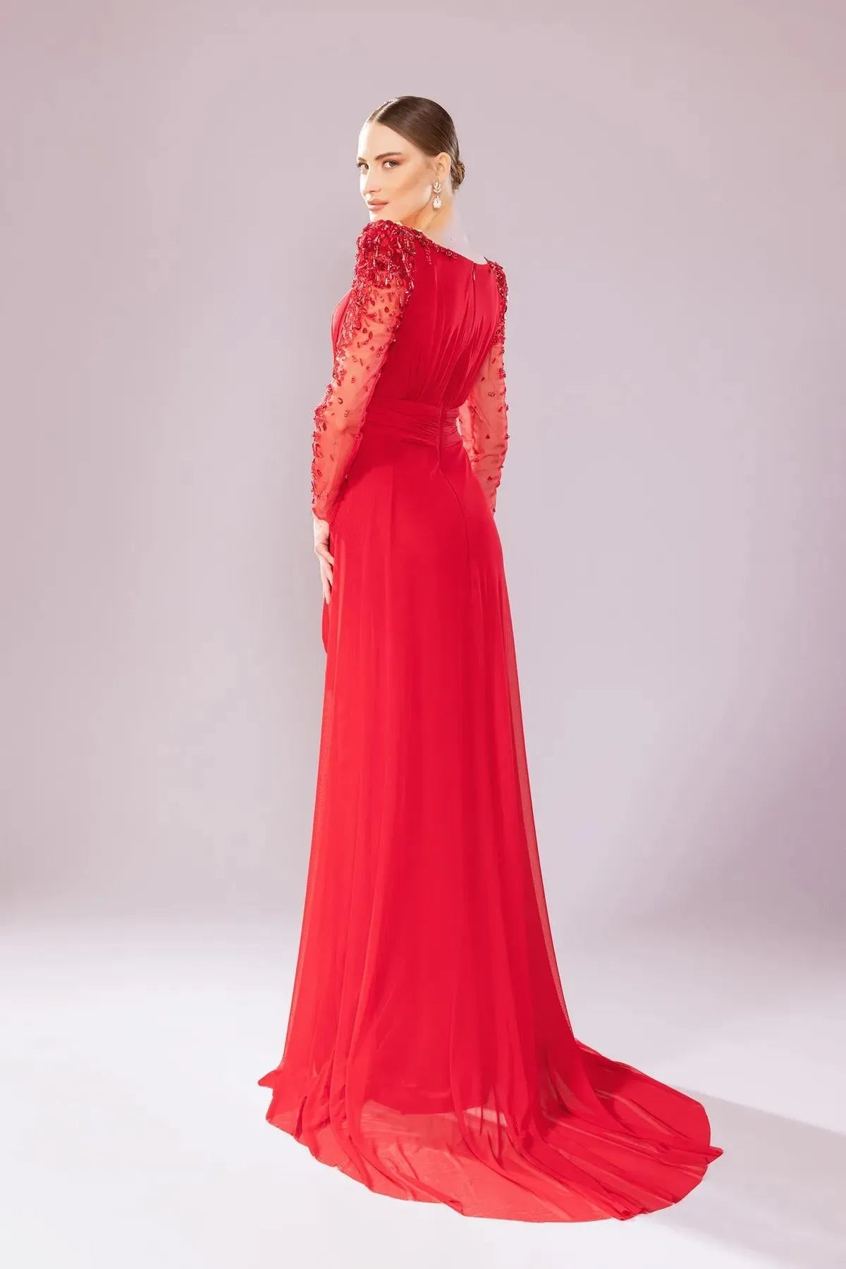 Transparent Long Sleeve Draped Evening Dress