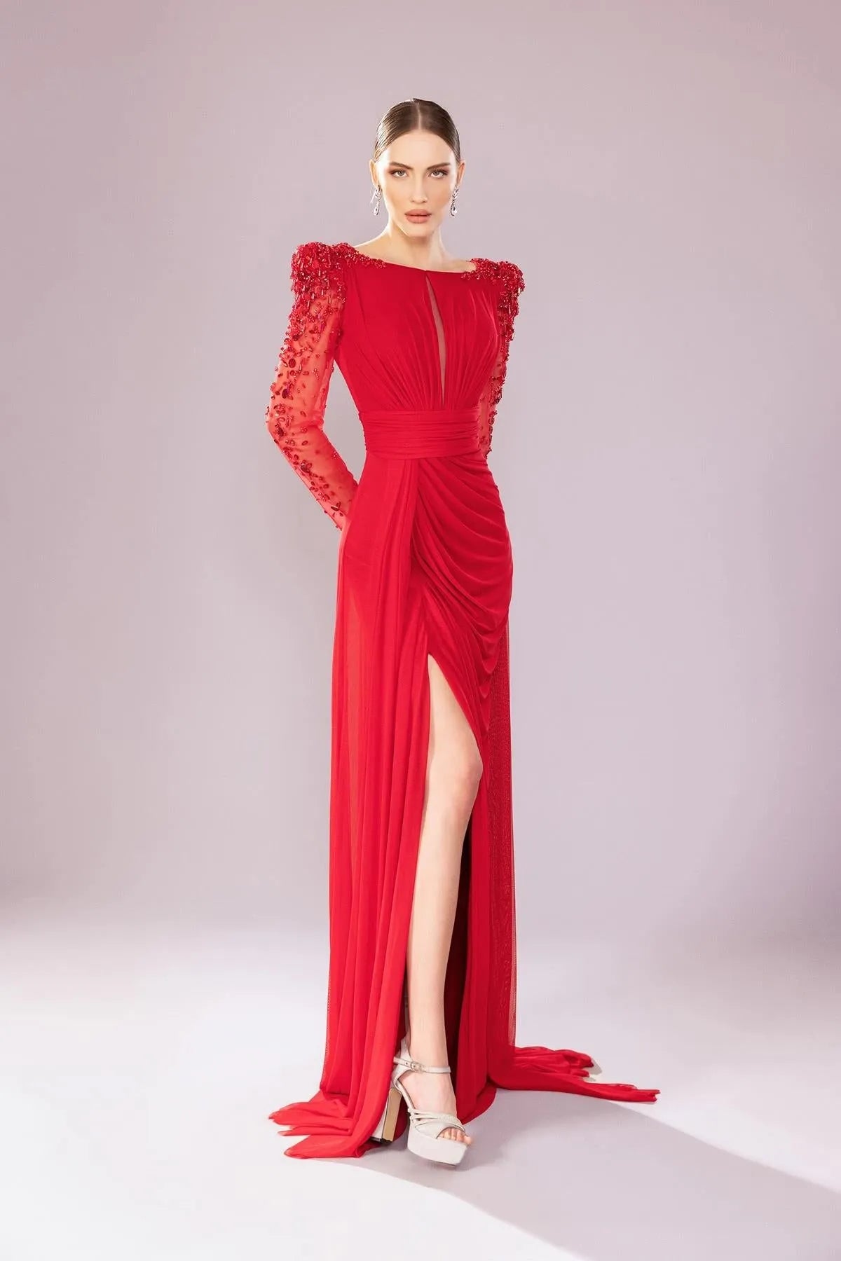 Transparent Long Sleeve Draped Evening Dress