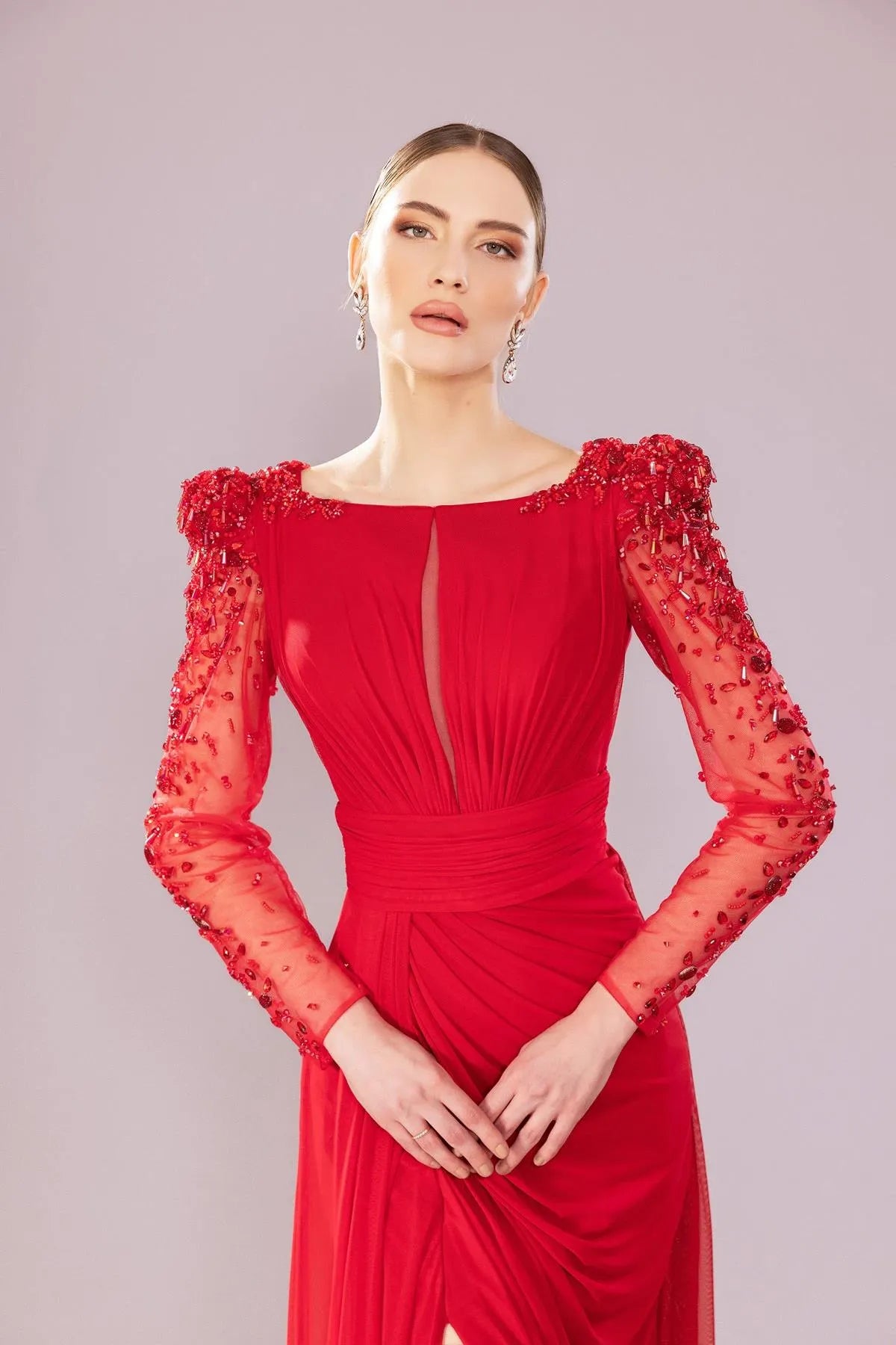 Transparent Long Sleeve Draped Evening Dress