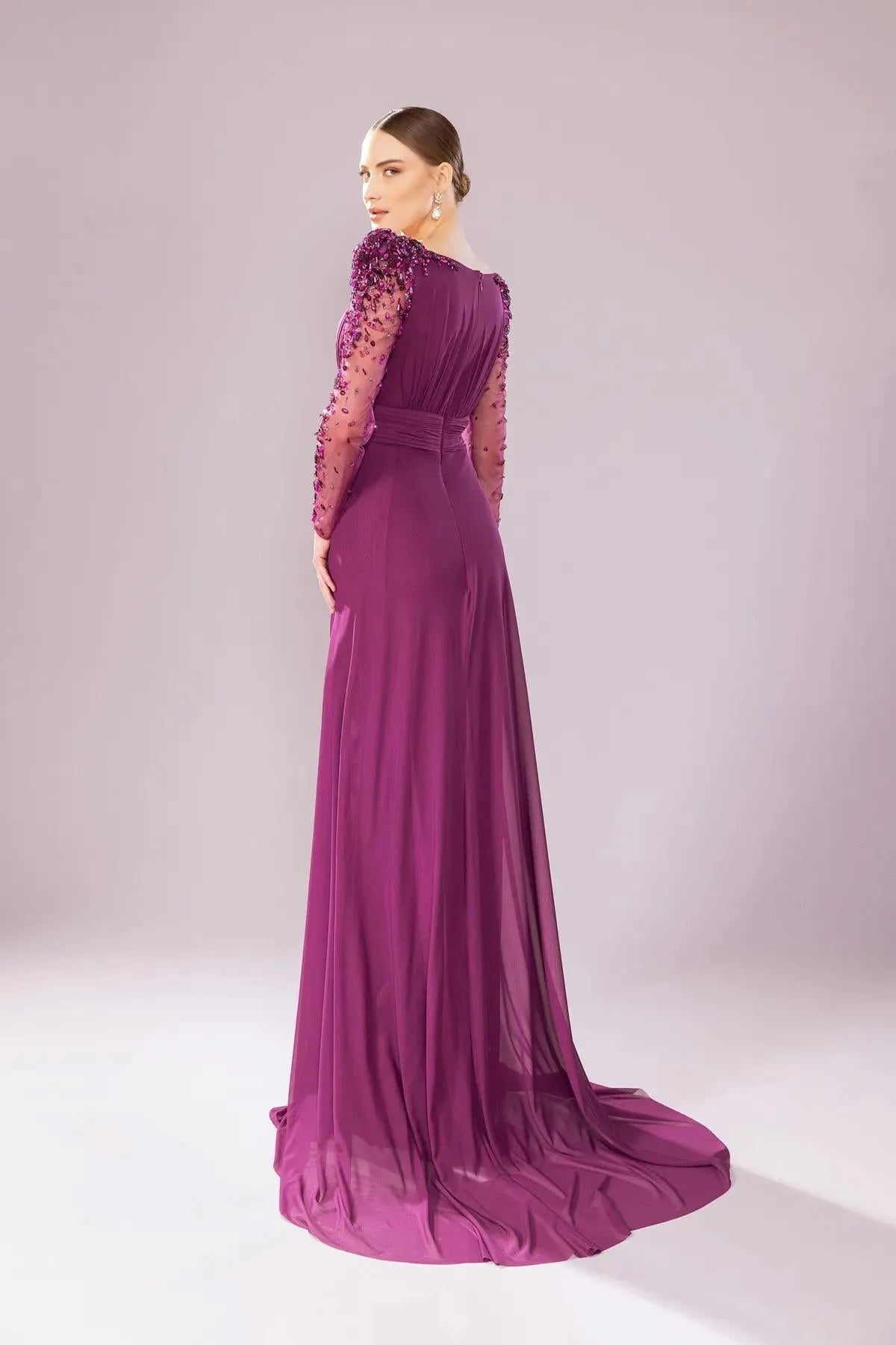 Transparent Long Sleeve Draped Evening Dress