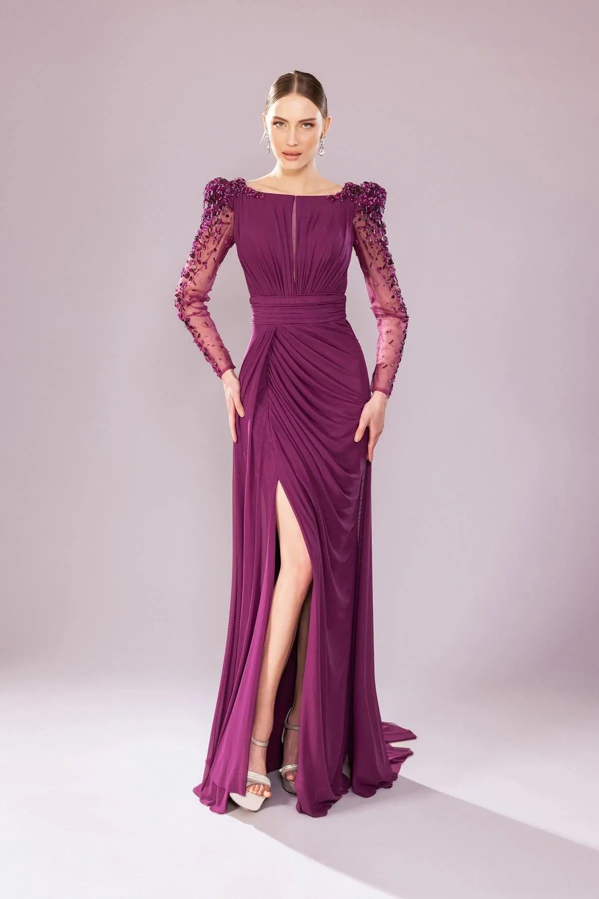 Transparent Long Sleeve Draped Evening Dress