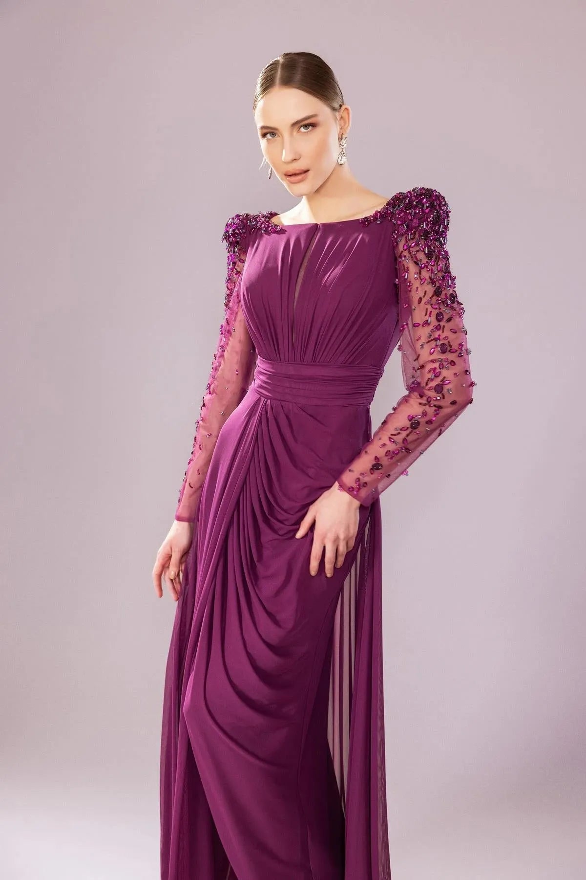 Transparent Long Sleeve Draped Evening Dress