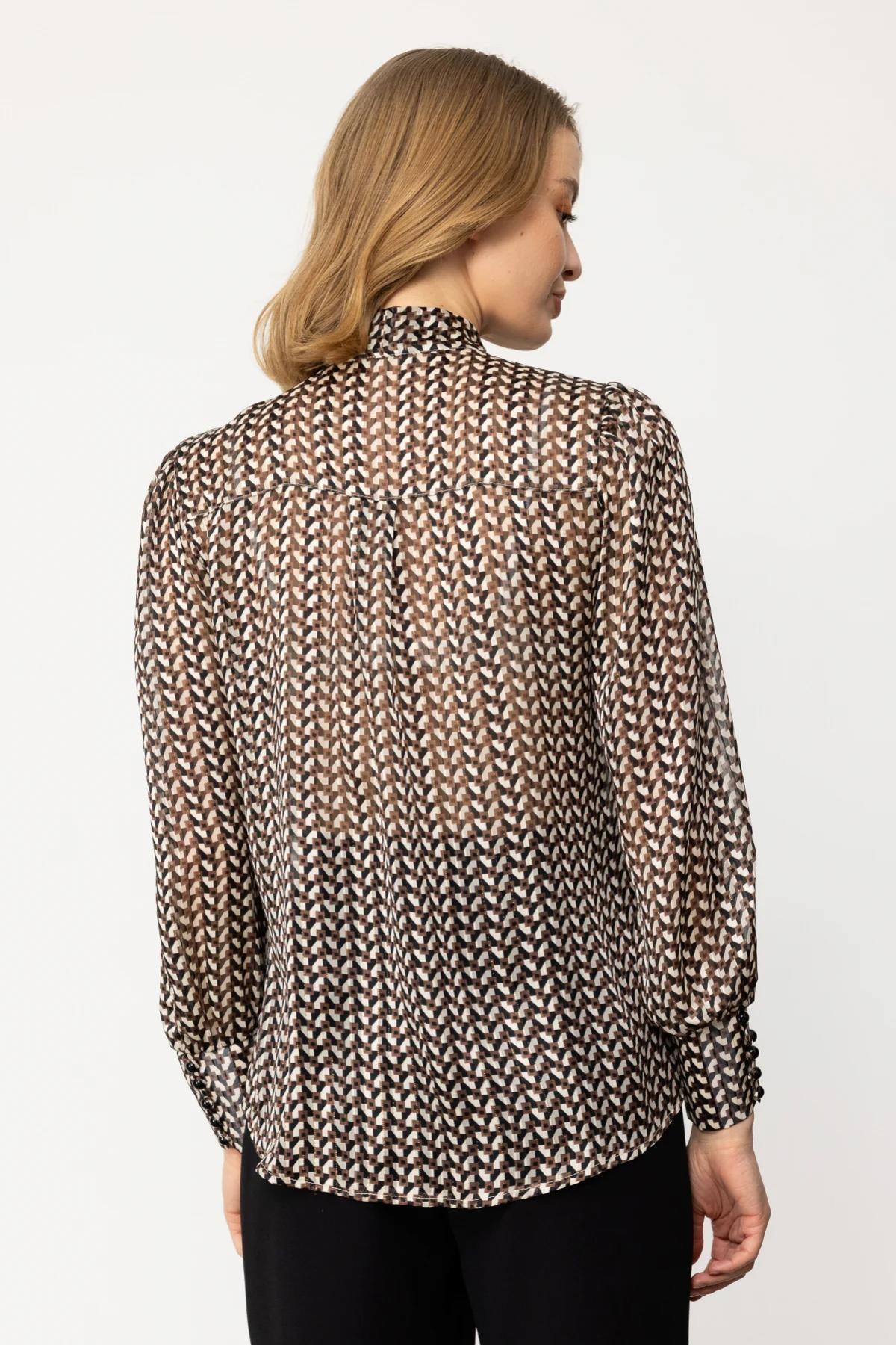 Kravat Yakalı Desenli Şifon Bluz - Eser Giyim