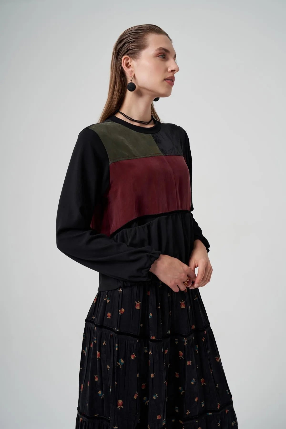 Cupro Silk Patchwork Detail Skirt Blouse Set