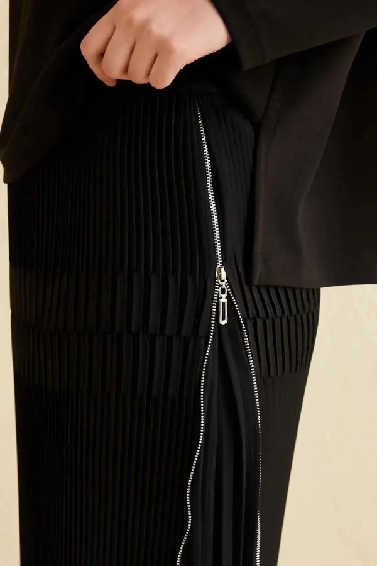 Pleated Long Skirt with Side Zipper Detail