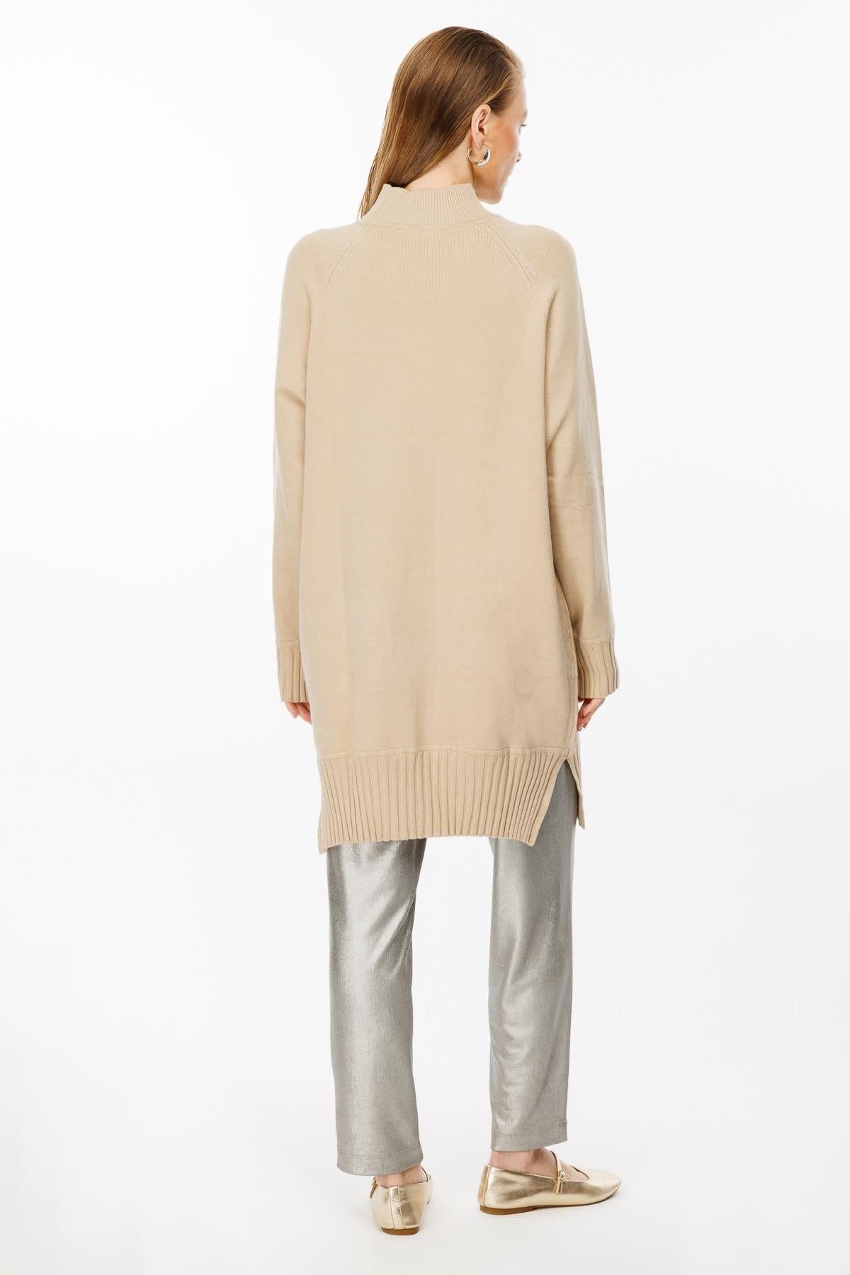 Half Turtleneck Knit Tunic with Stone Detail on Shoulders