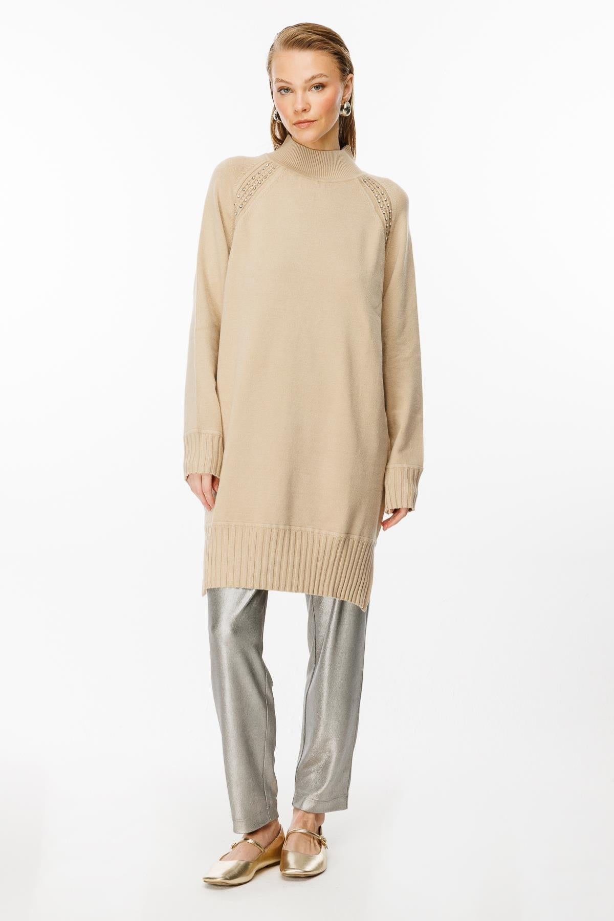 Half Turtleneck Knit Tunic with Stone Detail on Shoulders