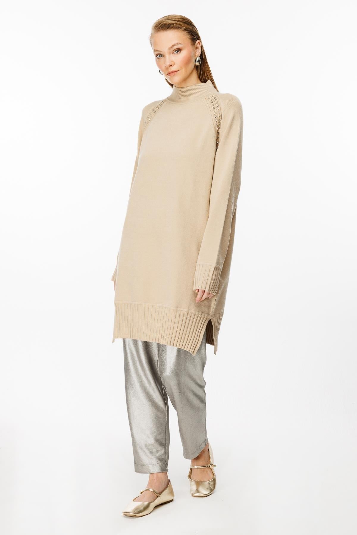 Half Turtleneck Knit Tunic with Stone Detail on Shoulders