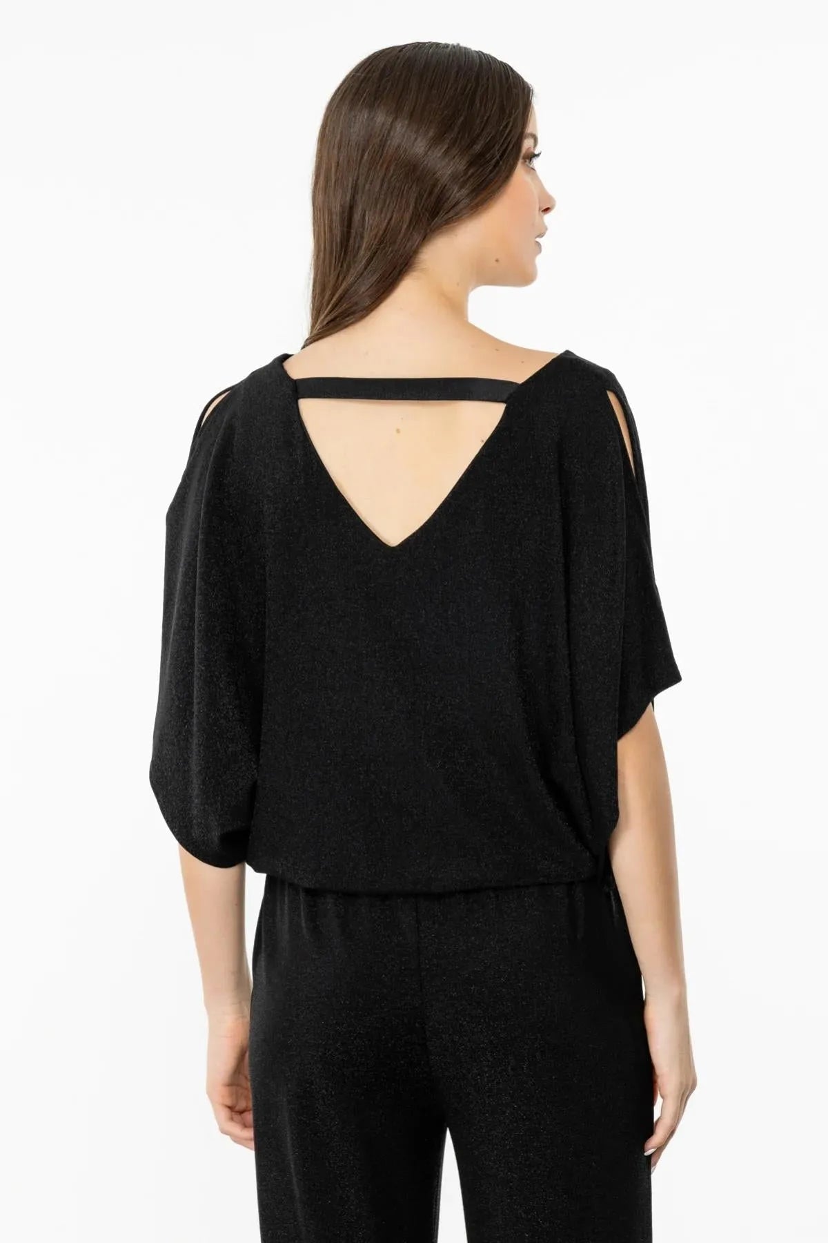 Front Back V Neck Glitter Blouse