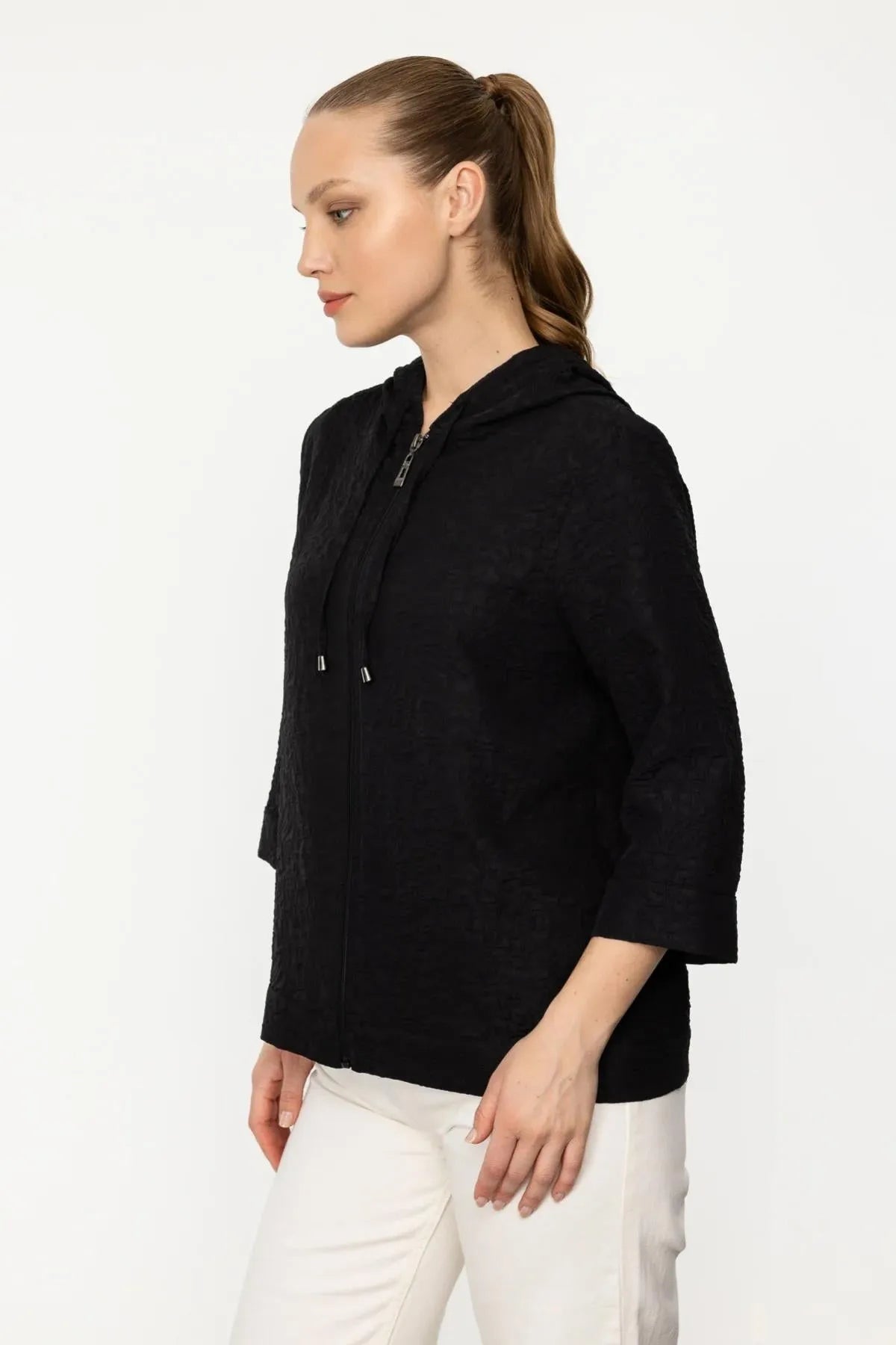 Hooded Zippered Half Sleeve Cardigan