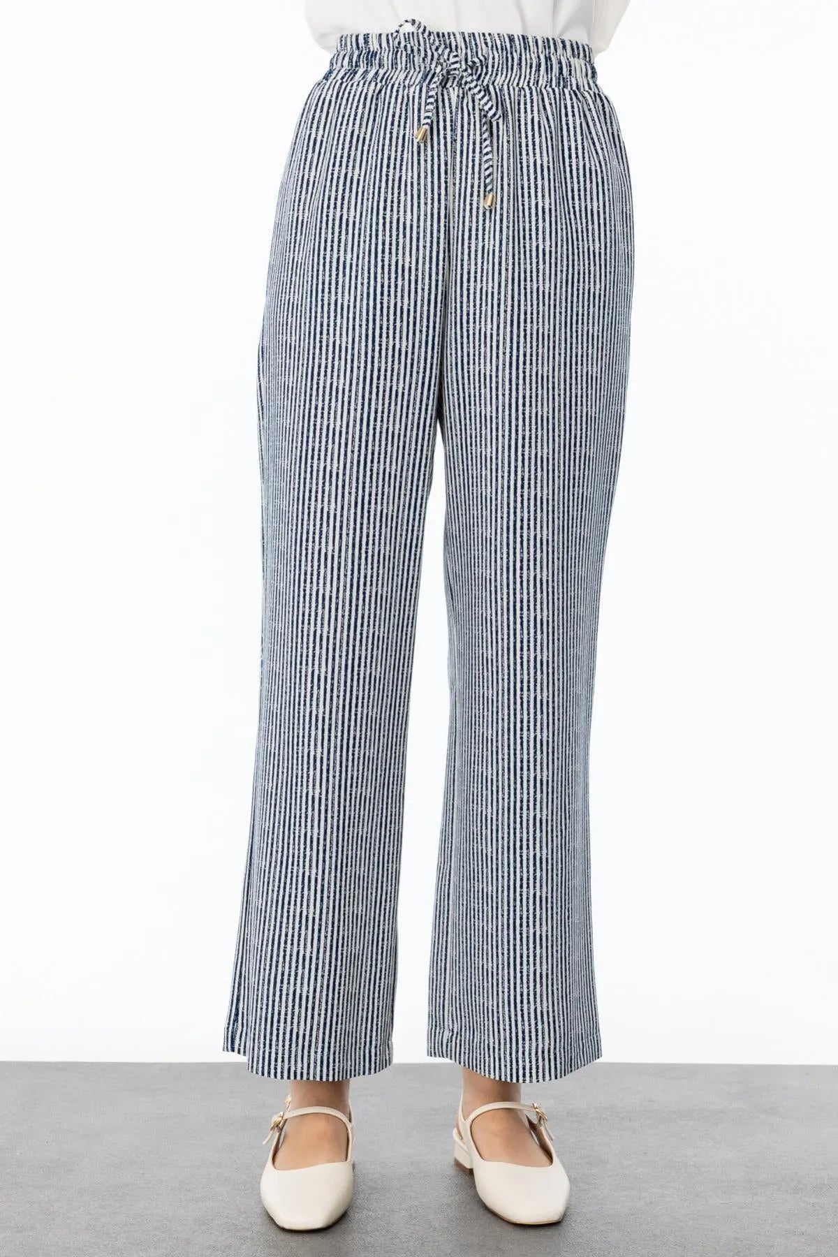 Self-Striped Wide Leg Trousers