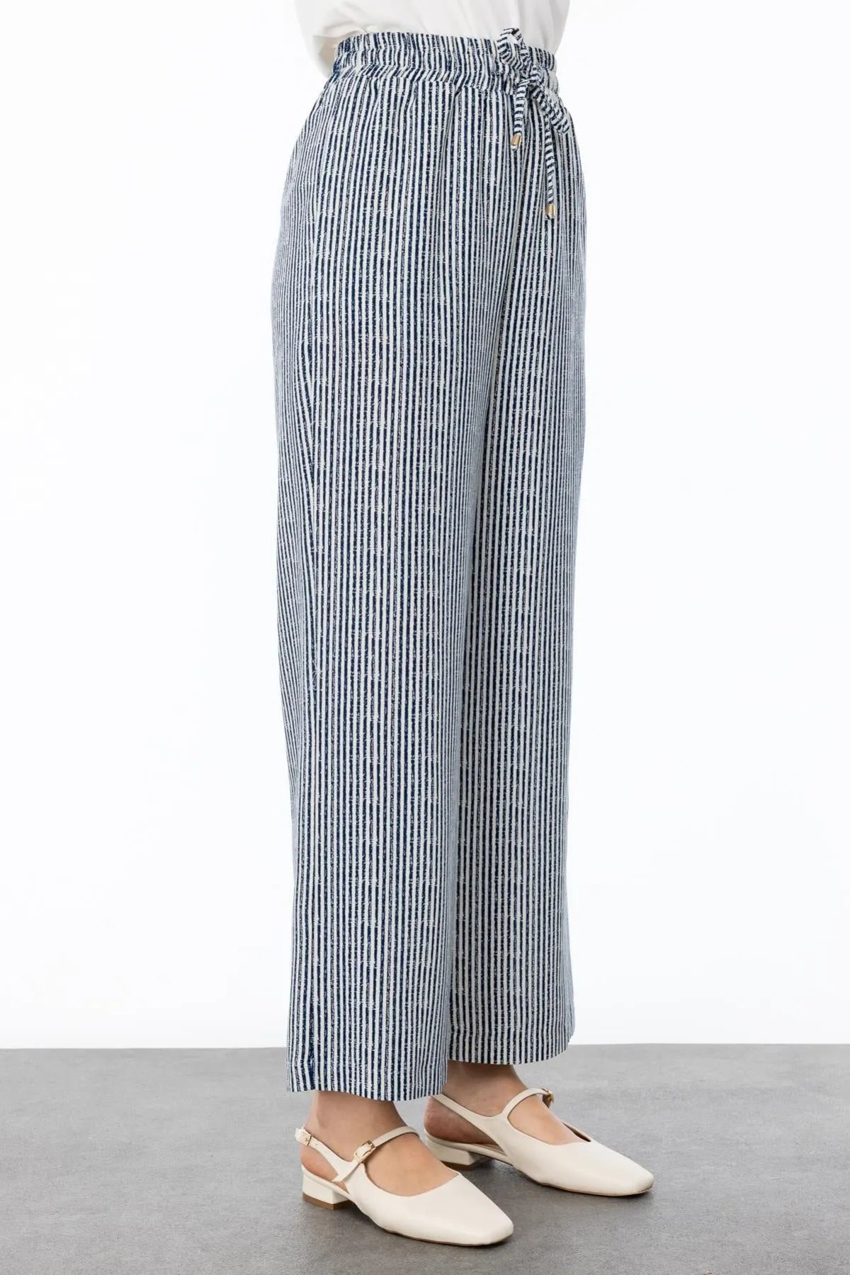 Self-Striped Wide Leg Trousers