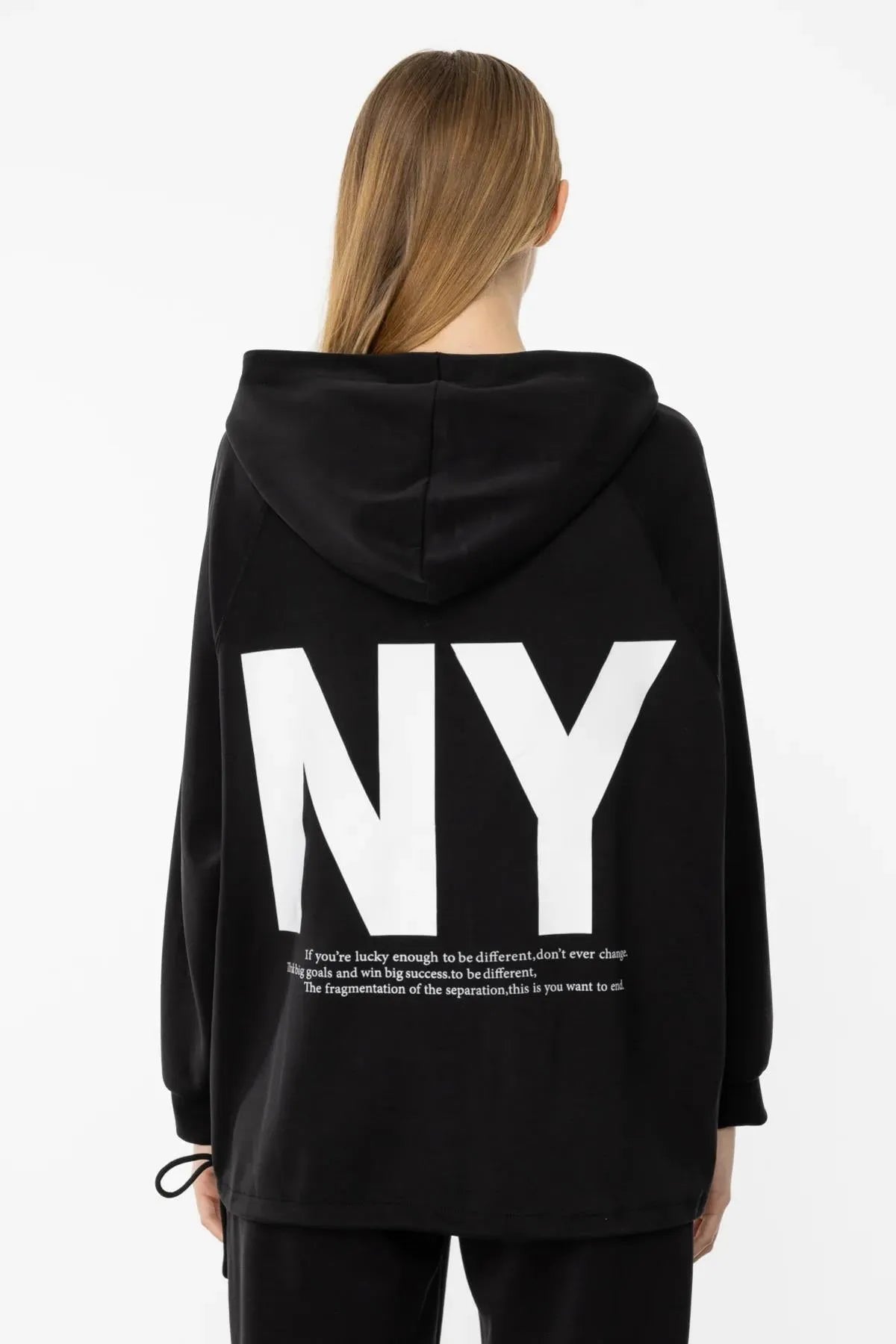 Printed Text Detailed Hooded Zippered Sweater