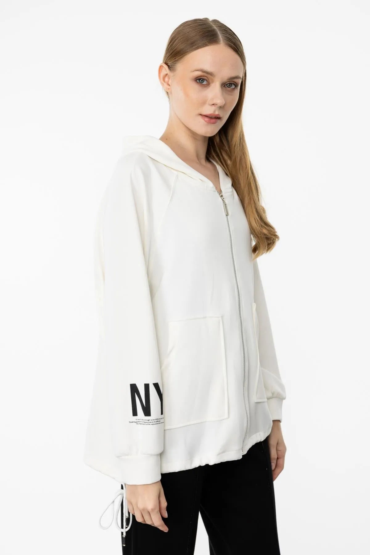 Printed Text Detailed Hooded Zippered Sweater