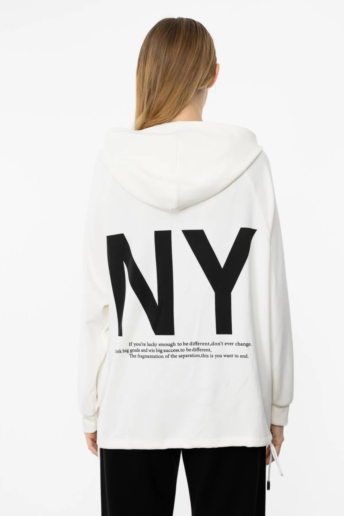 Printed Text Detailed Hooded Zippered Sweater