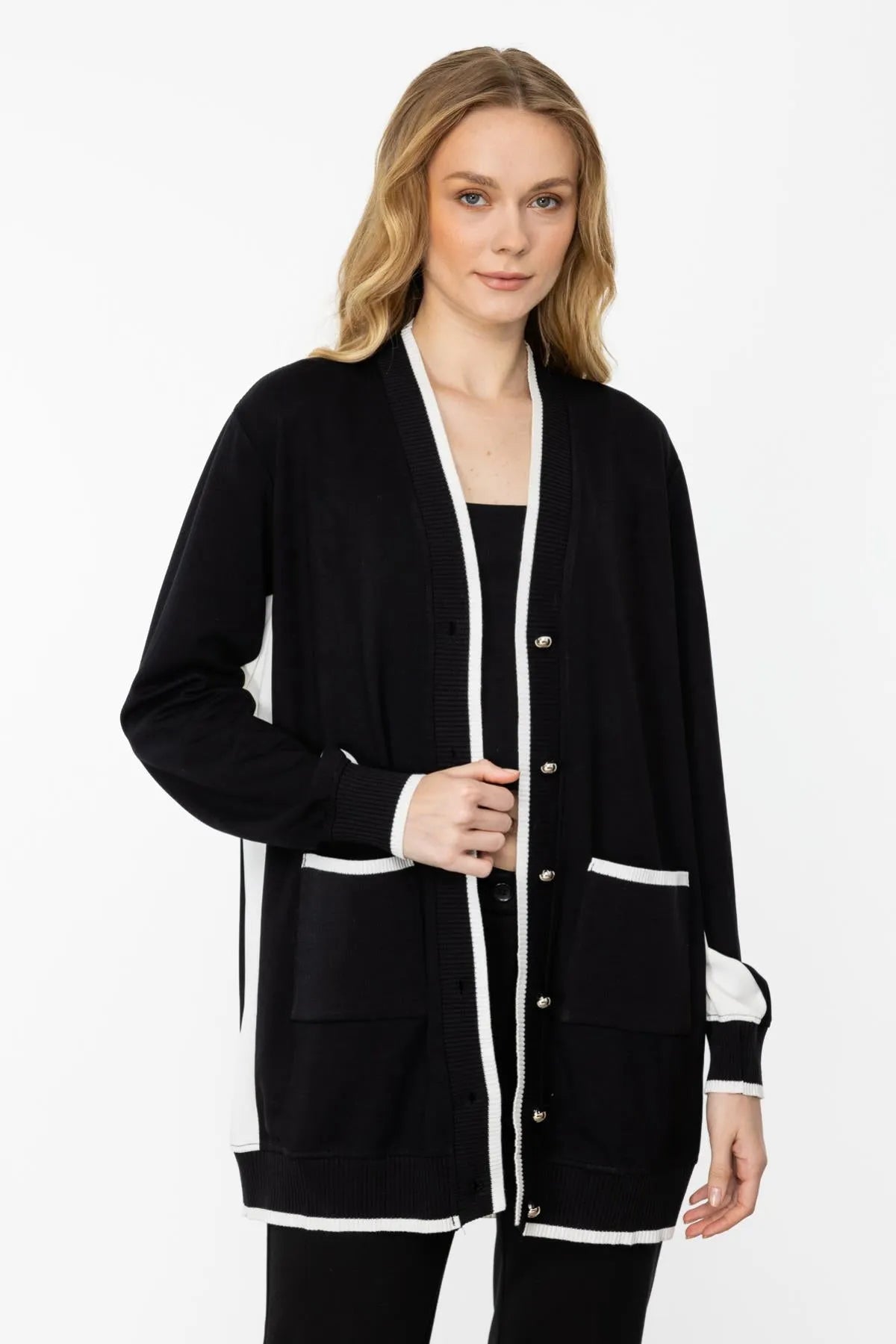 Pocket and Gold Button Detailed Ribbed Long Cardigan