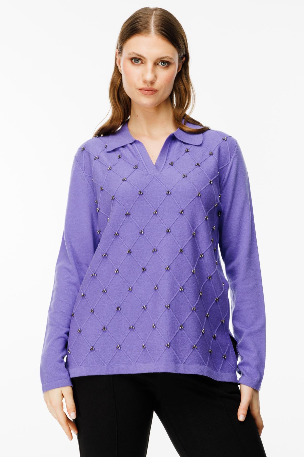 Polo Collar Diamond Patterned Plus Size Knitwear Sweater