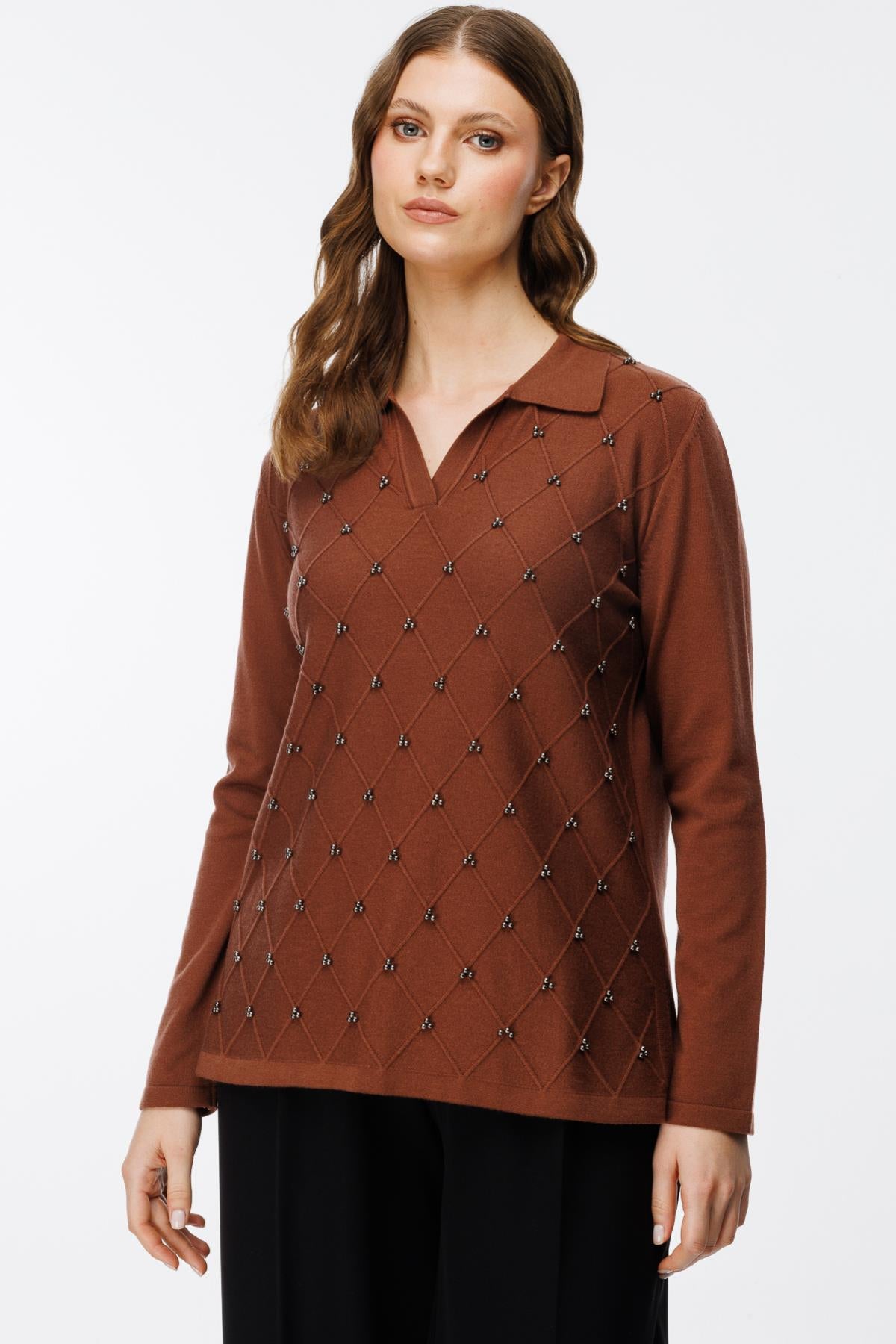 Polo Collar Diamond Patterned Plus Size Knitwear Sweater