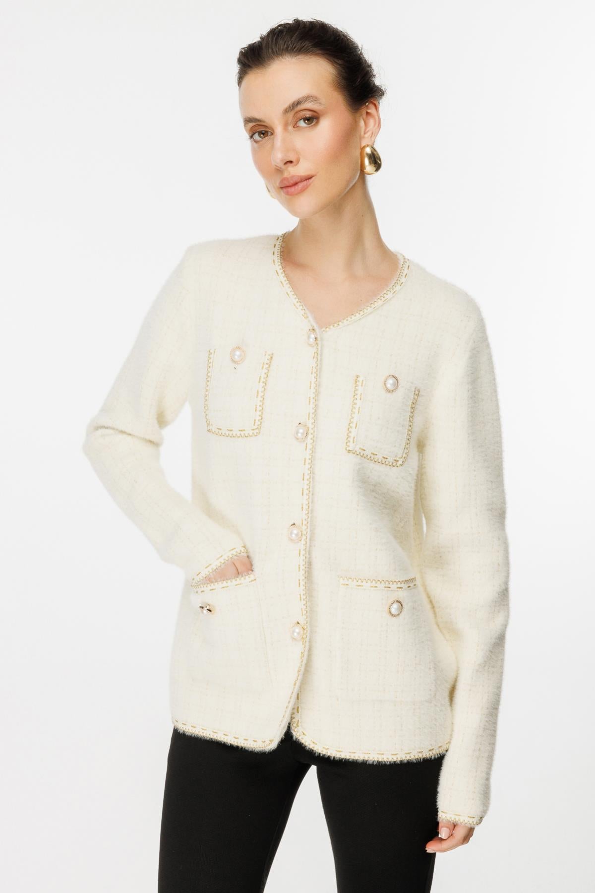 Glittery Piping Detailed Buttoned Cardigan