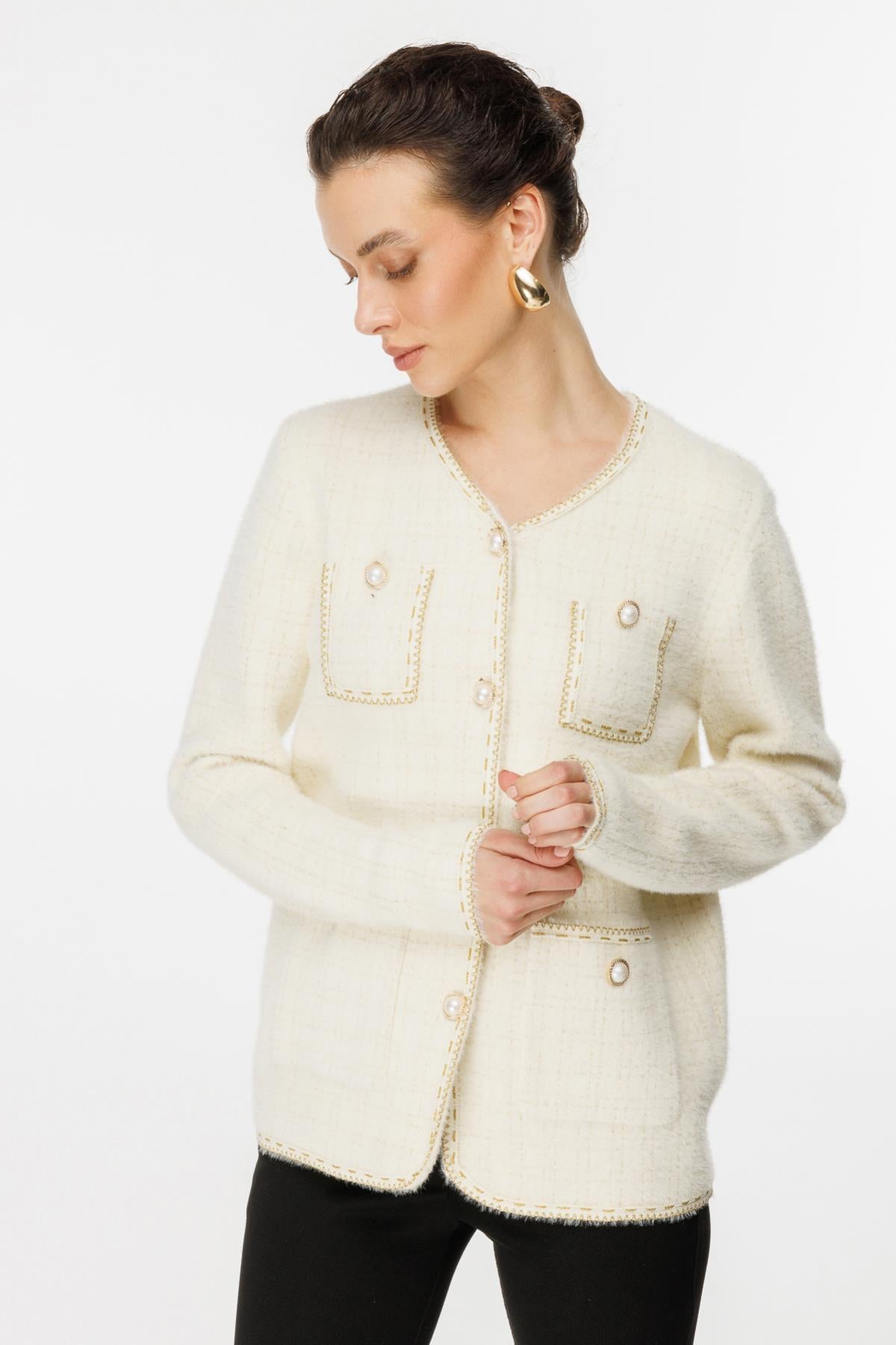 Glittery Piping Detailed Buttoned Cardigan