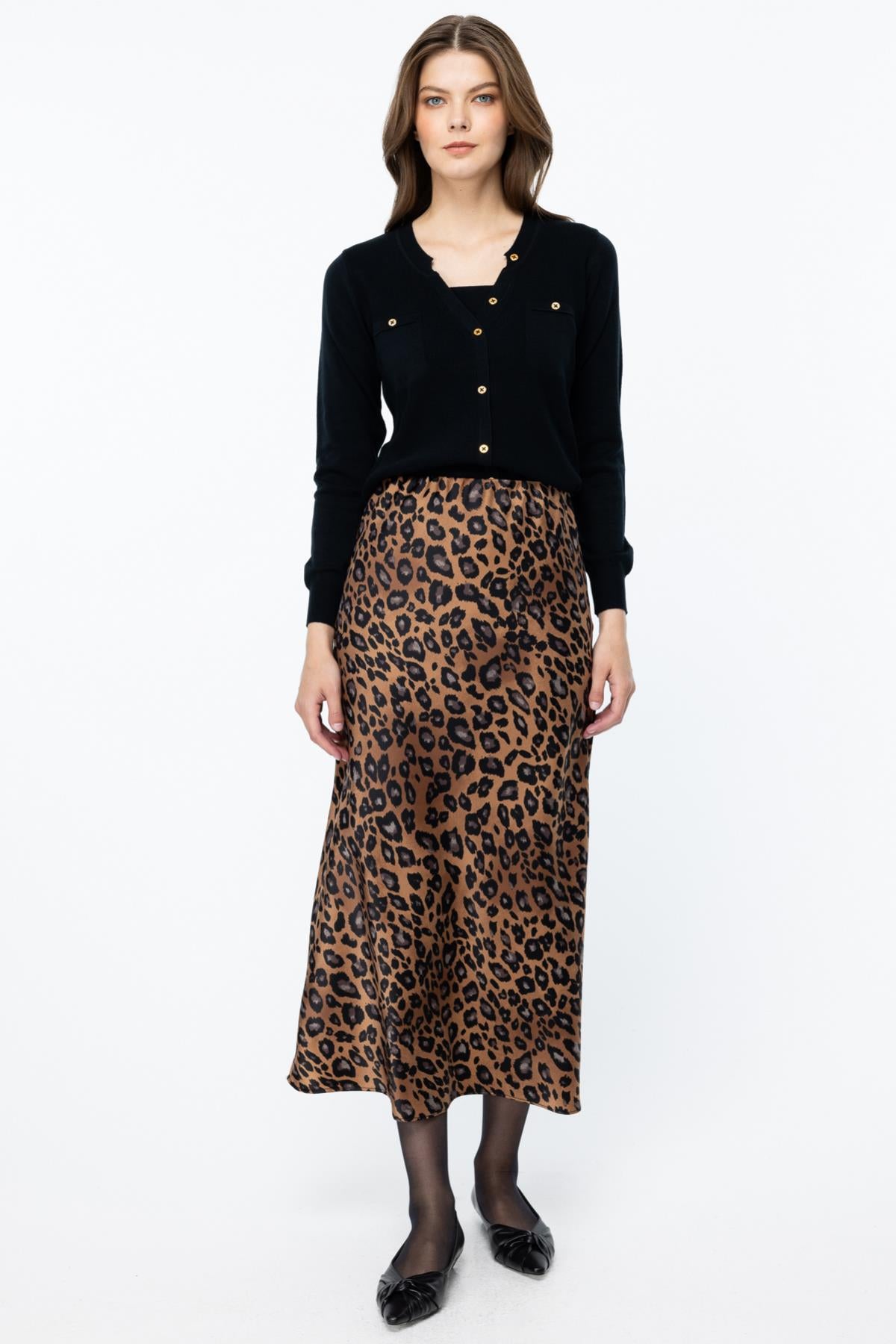 Leopard Patterned Midi Length Satin Skirt