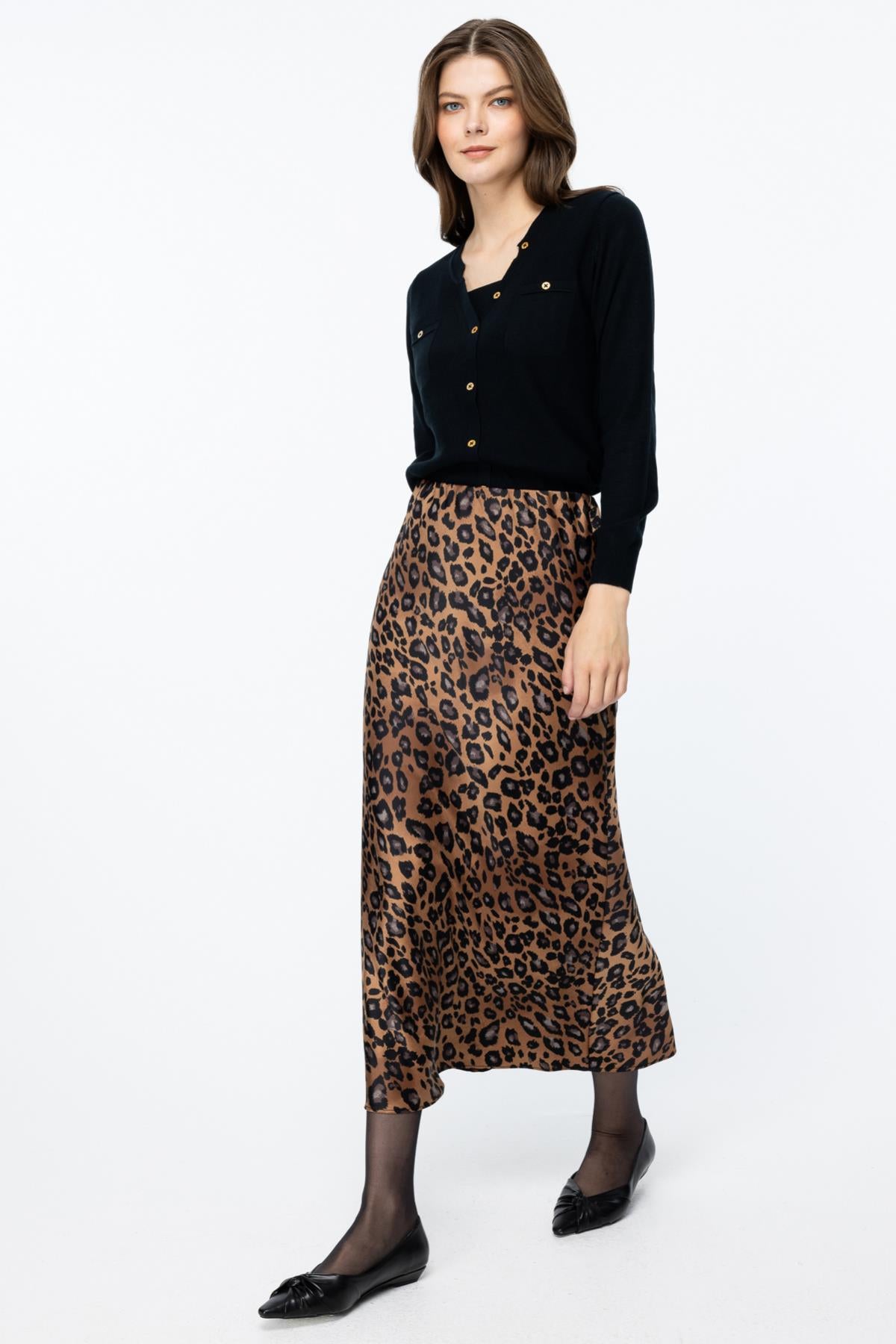 Leopard Patterned Midi Length Satin Skirt