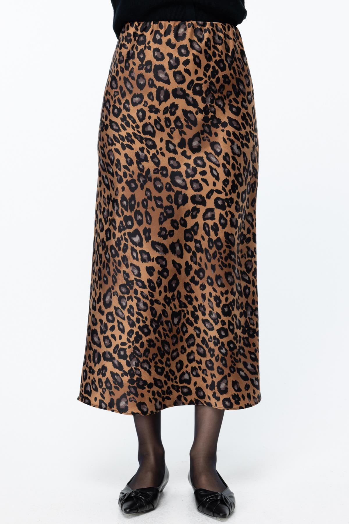 Leopard Patterned Midi Length Satin Skirt