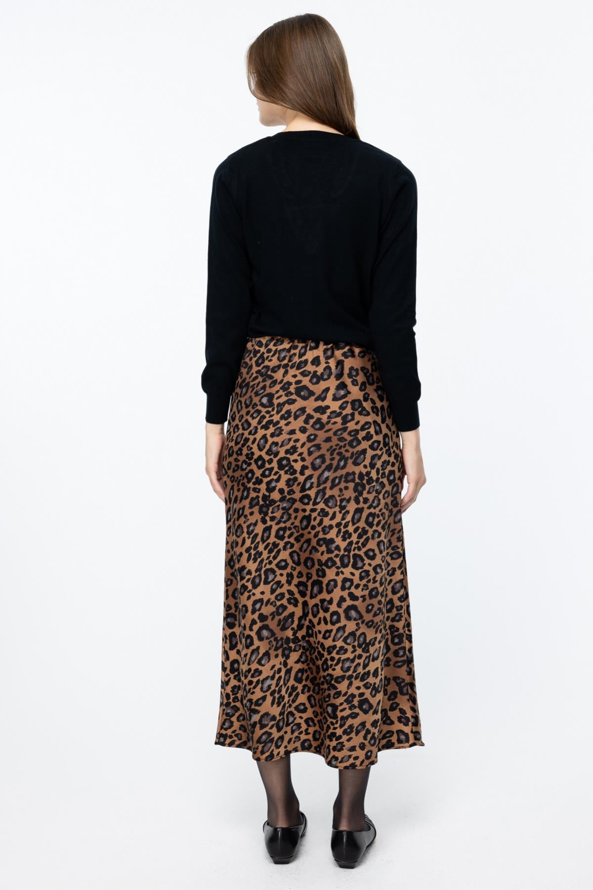 Leopard Patterned Midi Length Satin Skirt