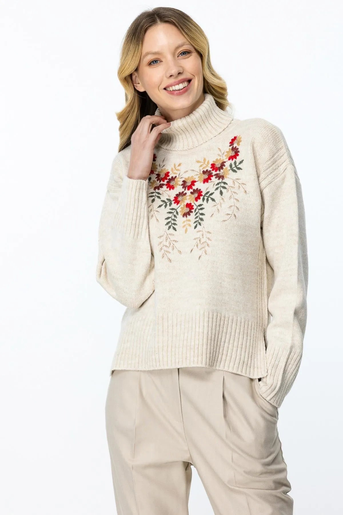 Floral Embroidered Stand Collar Knitwear Sweater