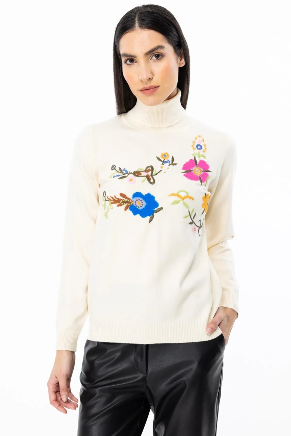 Turtleneck Floral Embroidered Sweater