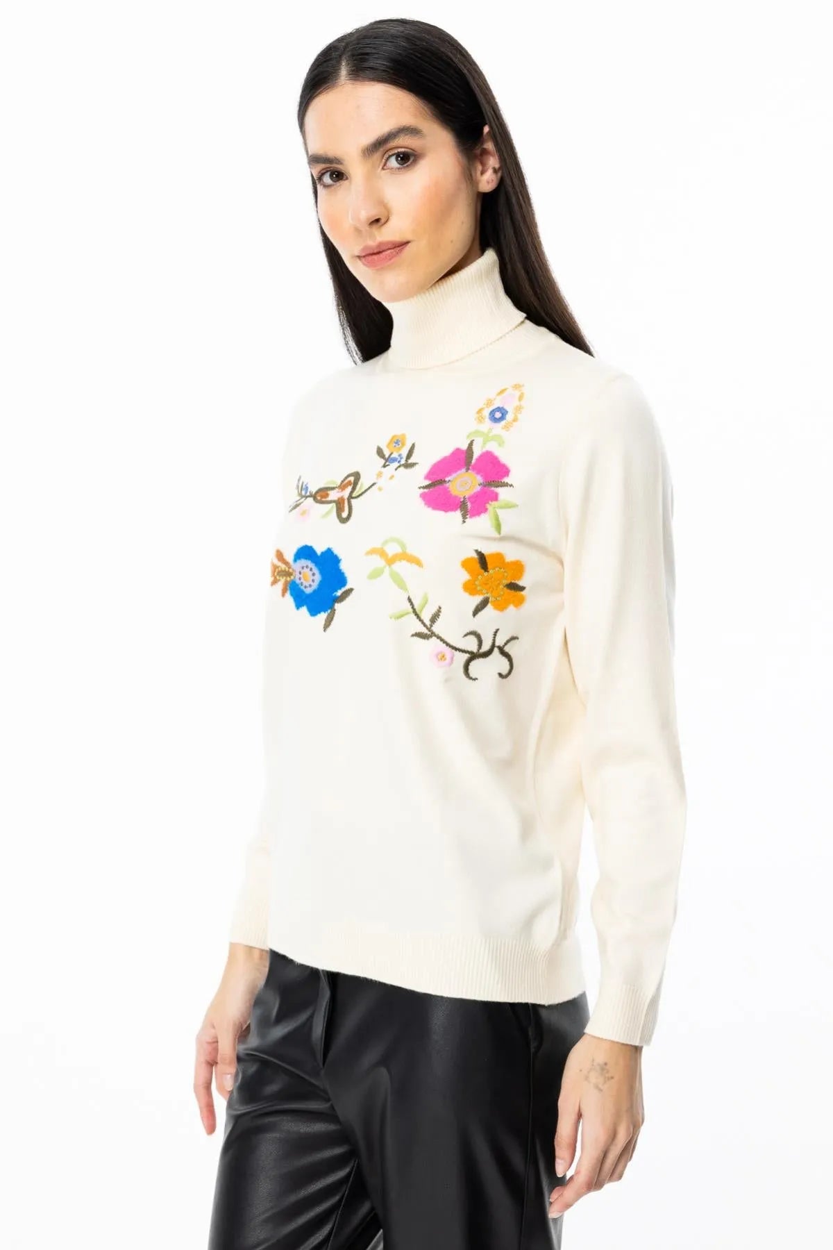 Turtleneck Floral Embroidered Sweater