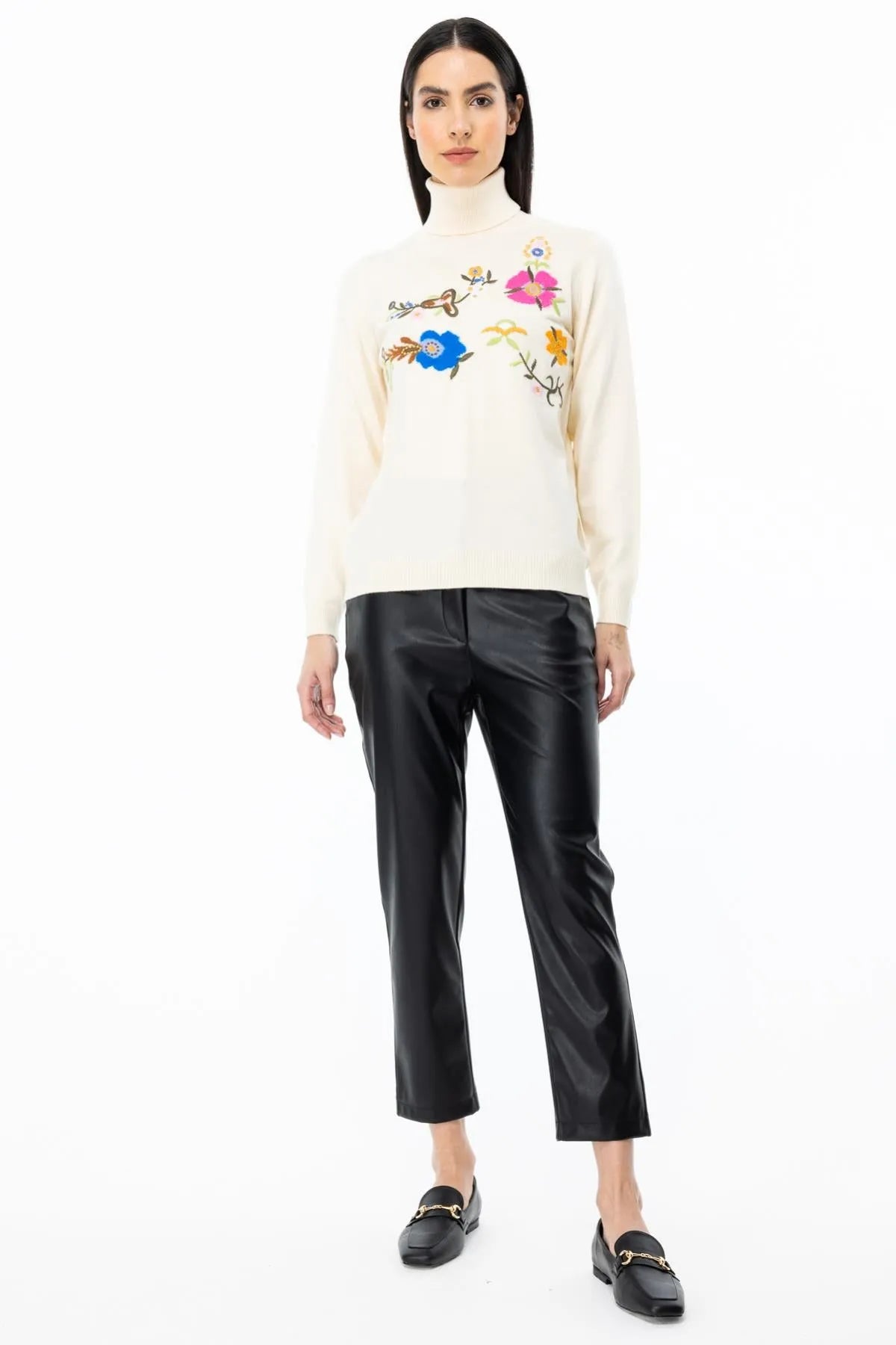 Turtleneck Floral Embroidered Sweater