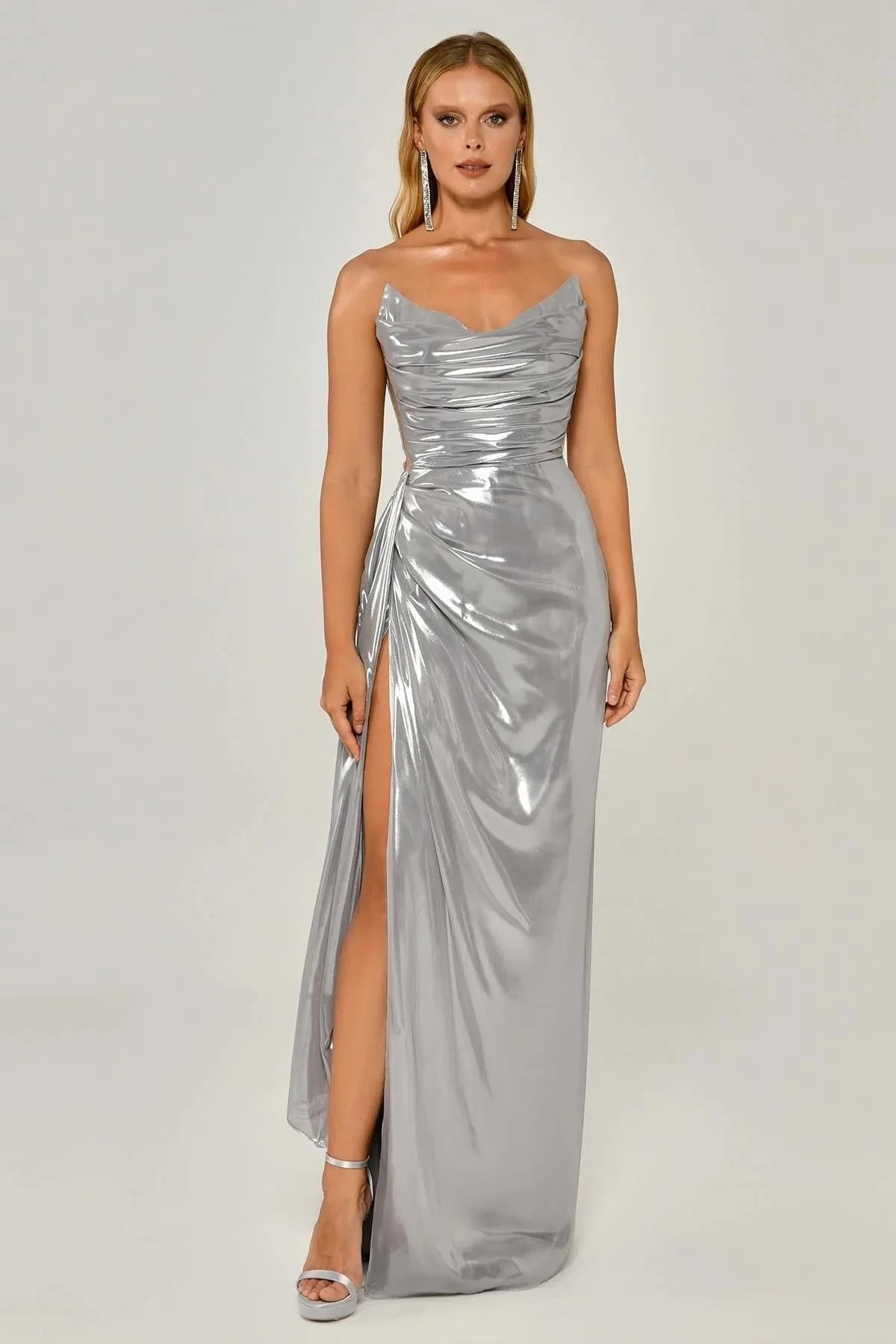 Shiny Fabric Side Slit Long Dress 