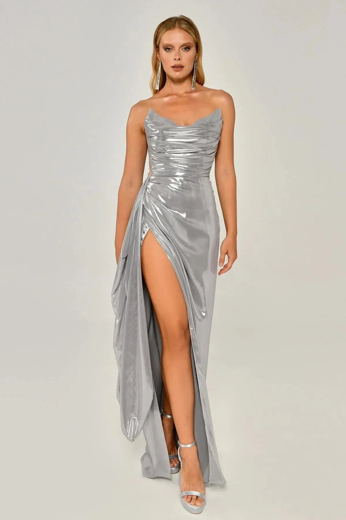 Shiny Fabric Side Slit Long Dress 