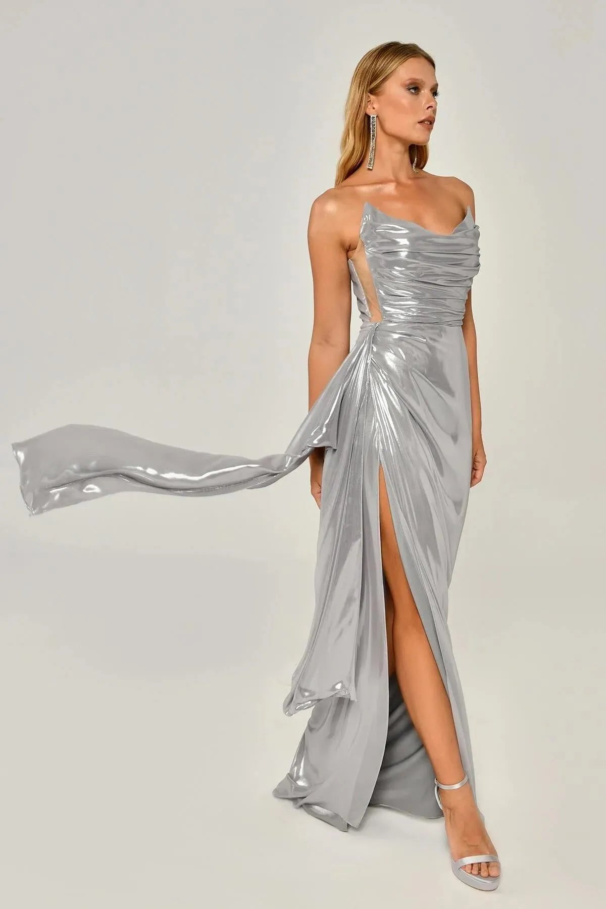 Shiny Fabric Side Slit Long Dress 