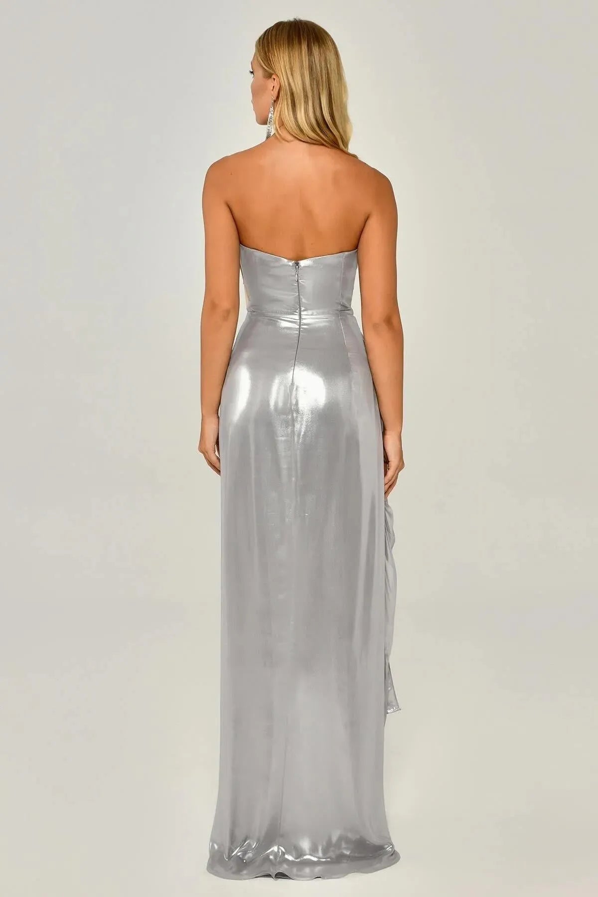 Shiny Fabric Side Slit Long Dress 