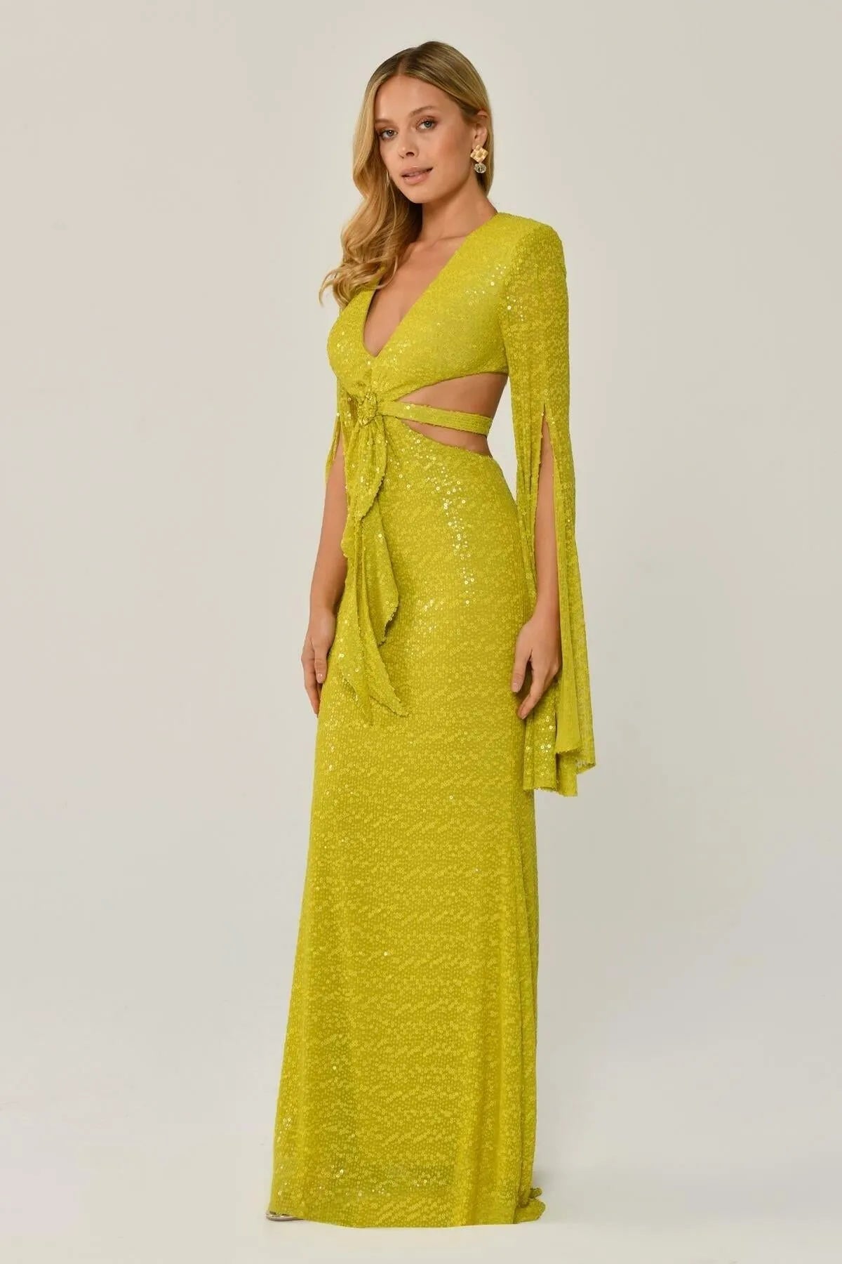 Sequined V-Neck Long Evening Dress with Window