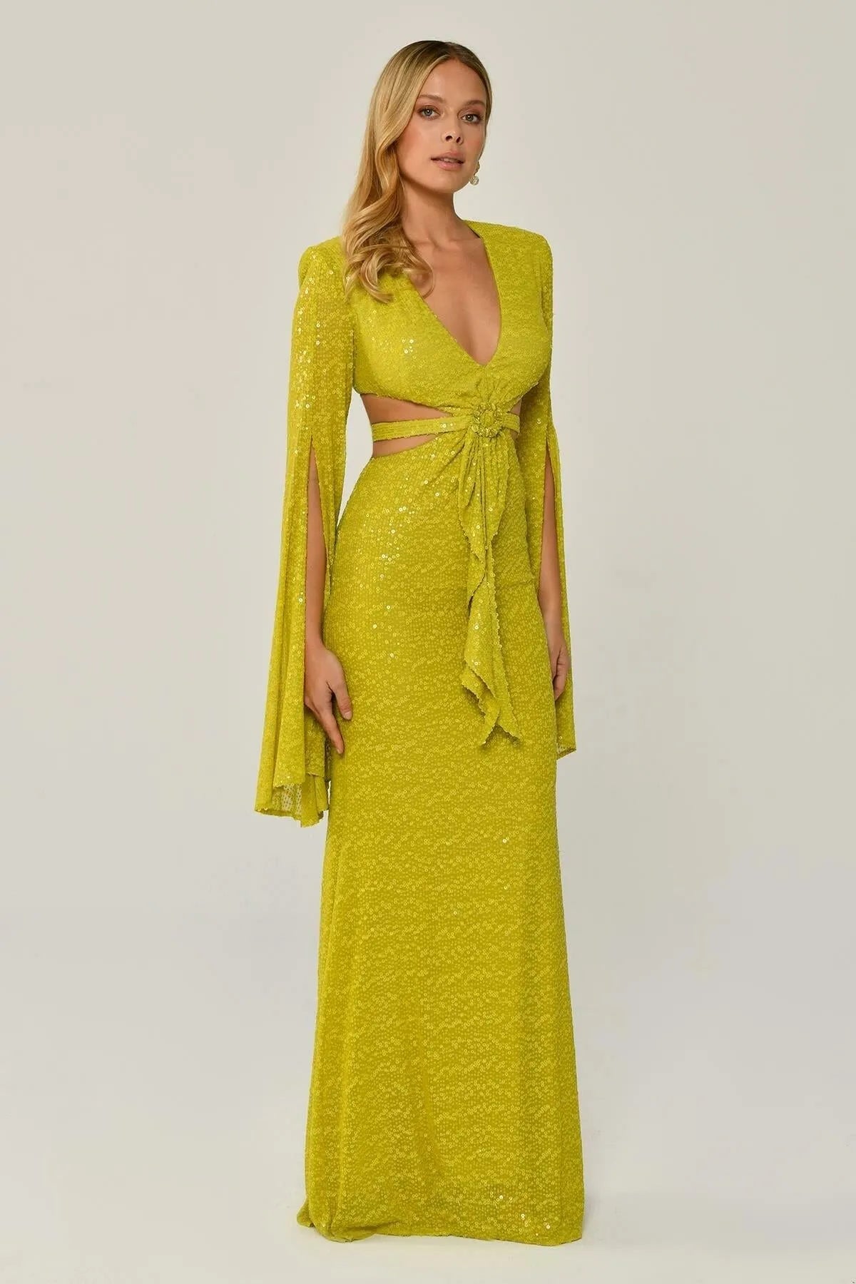 Sequined V-Neck Long Evening Dress with Window