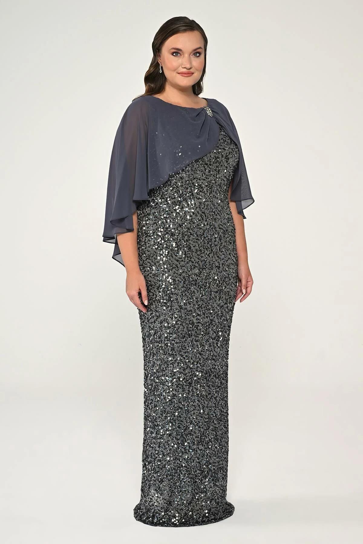Şifon Şallı Broşlu Payetli Uzun Büyük Beden Elbise - Eser Giyim