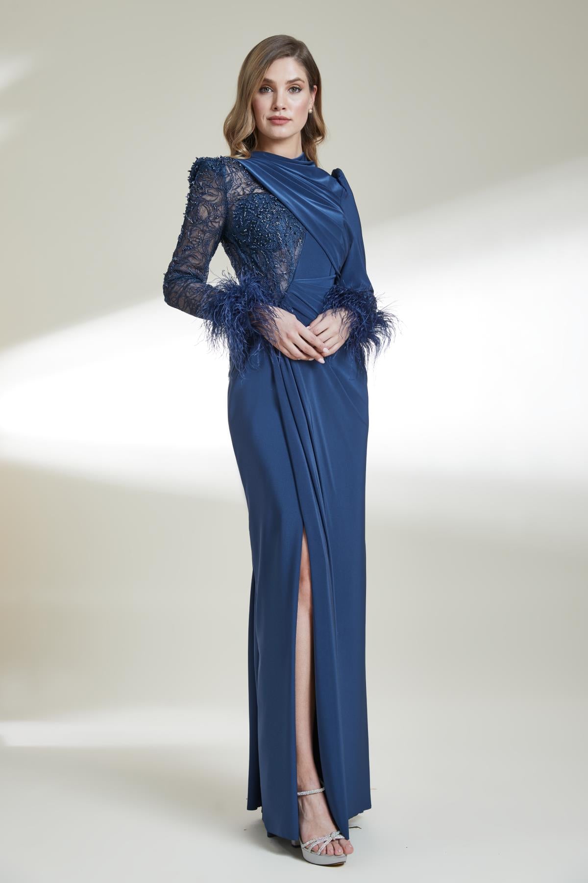 Lace Draped Long Evening Dress with Back Window