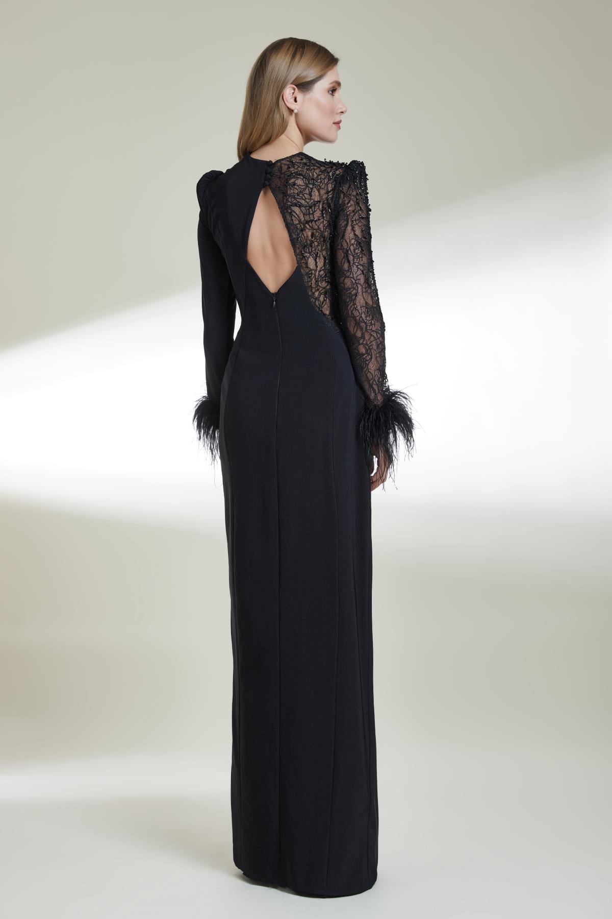 Lace Draped Long Evening Dress with Back Window