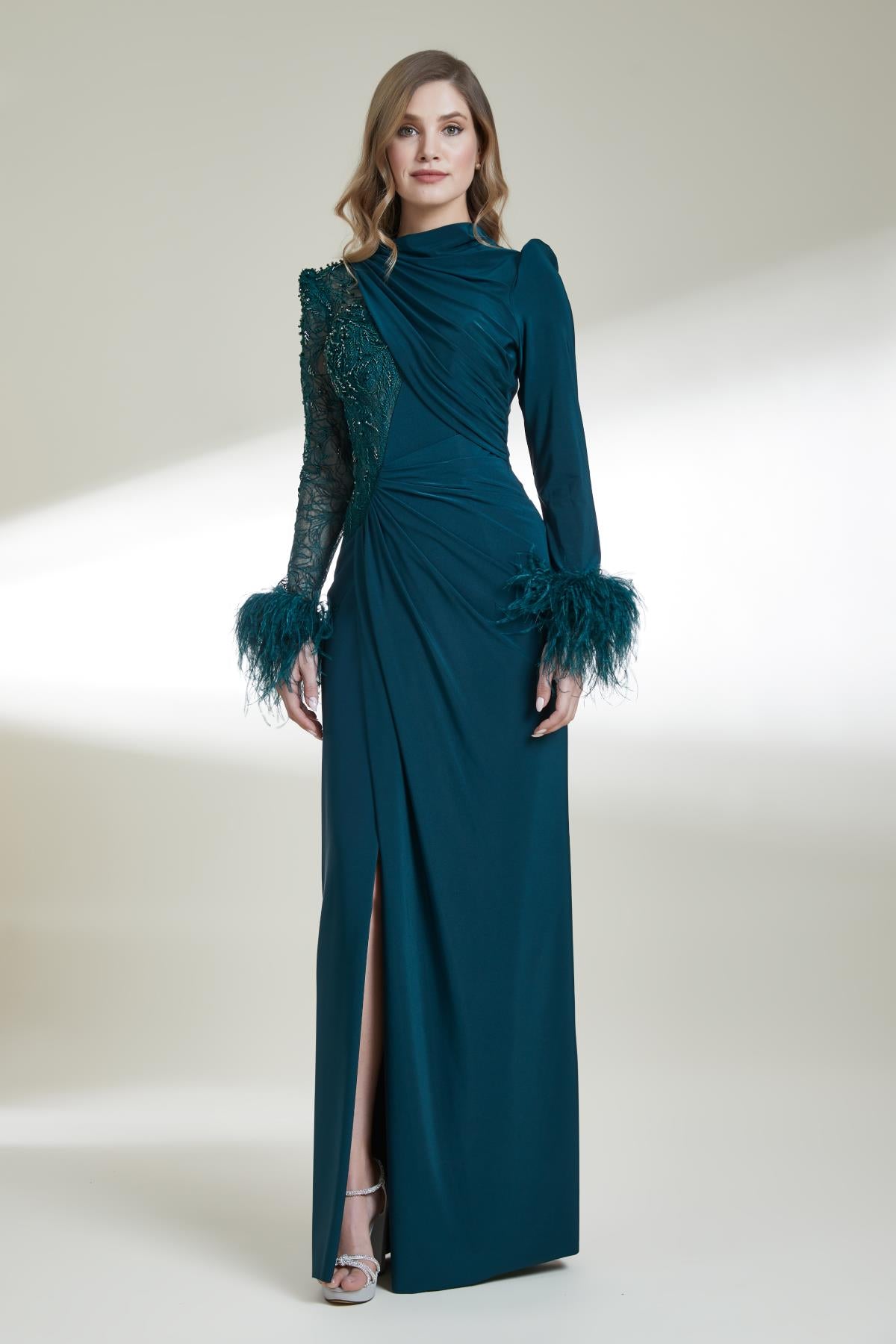 Lace Draped Long Evening Dress with Back Window