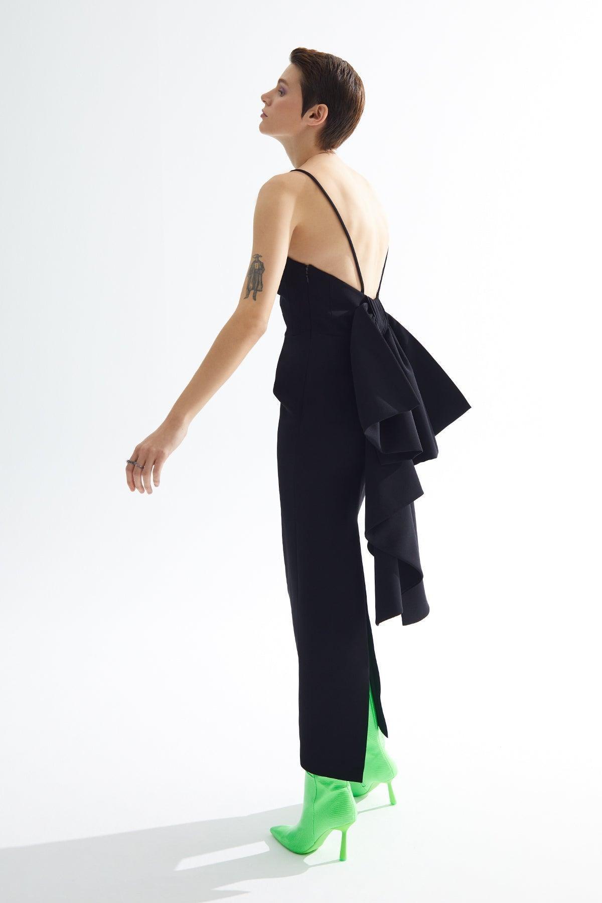 Straplez Arkası Fiyonk Detaylı Yırtmaçlı Uzun Elbise - Eser Giyim