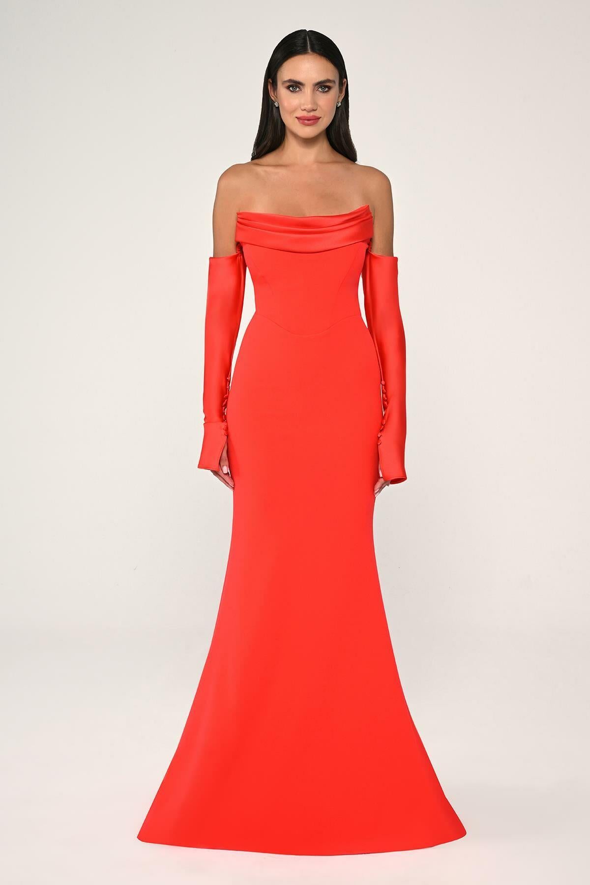 Strapless Low Sleeve Fishtail Evening Dress