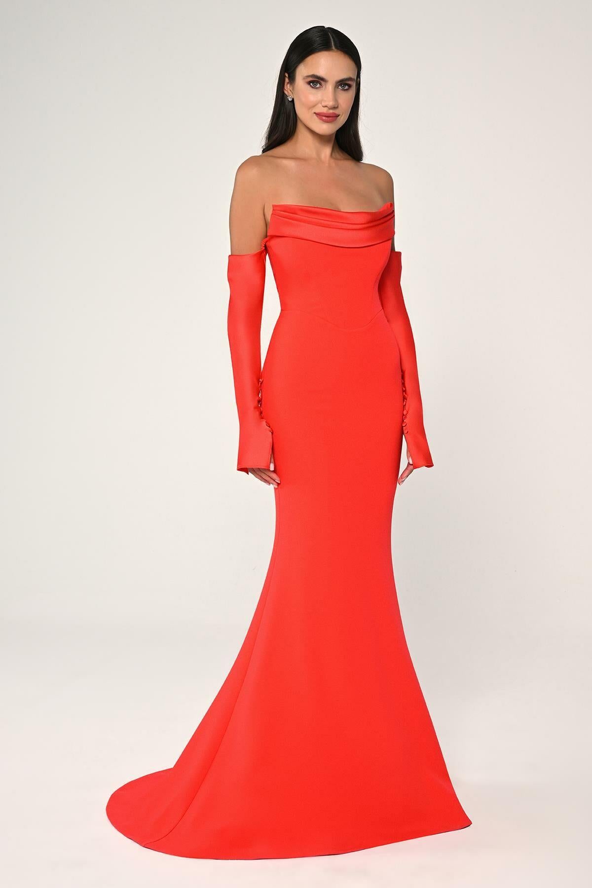 Strapless Low Sleeve Fishtail Evening Dress