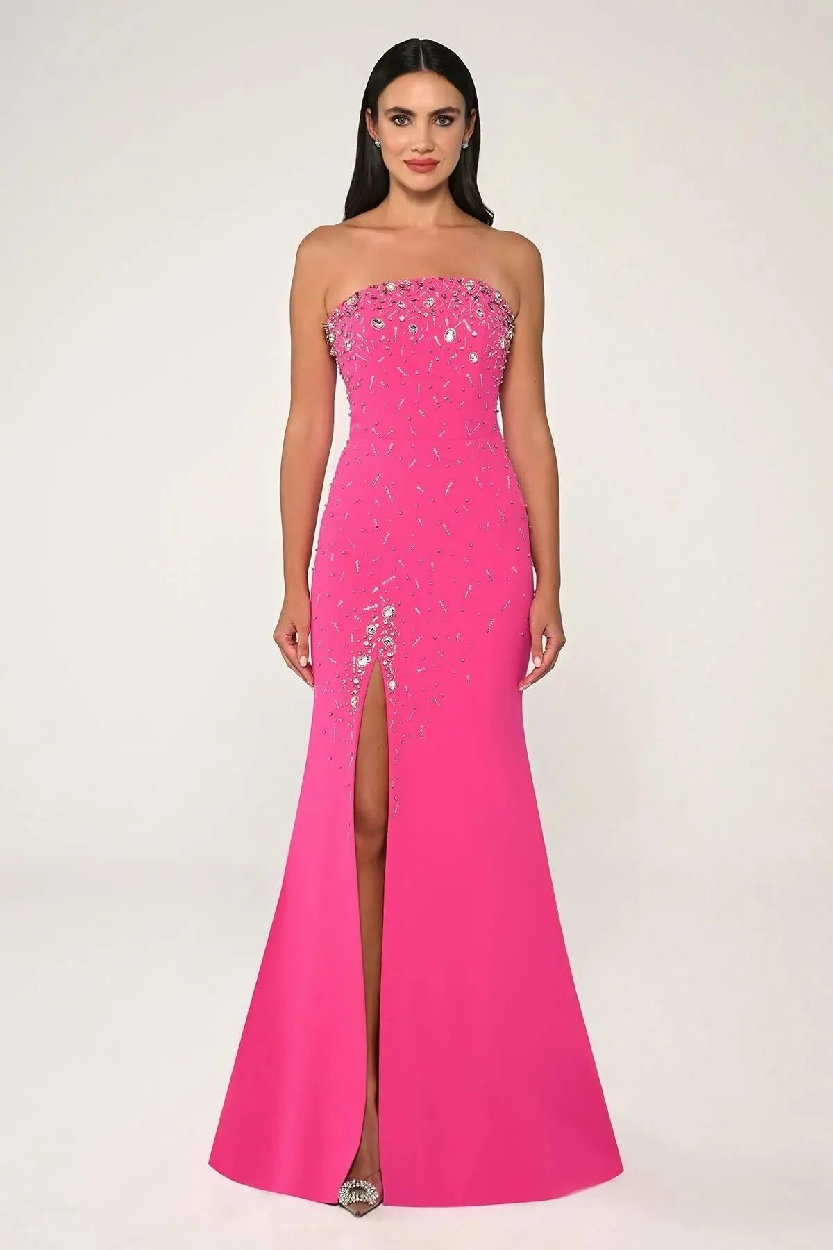 Strapless Crepe Stoned Long Evening Dress