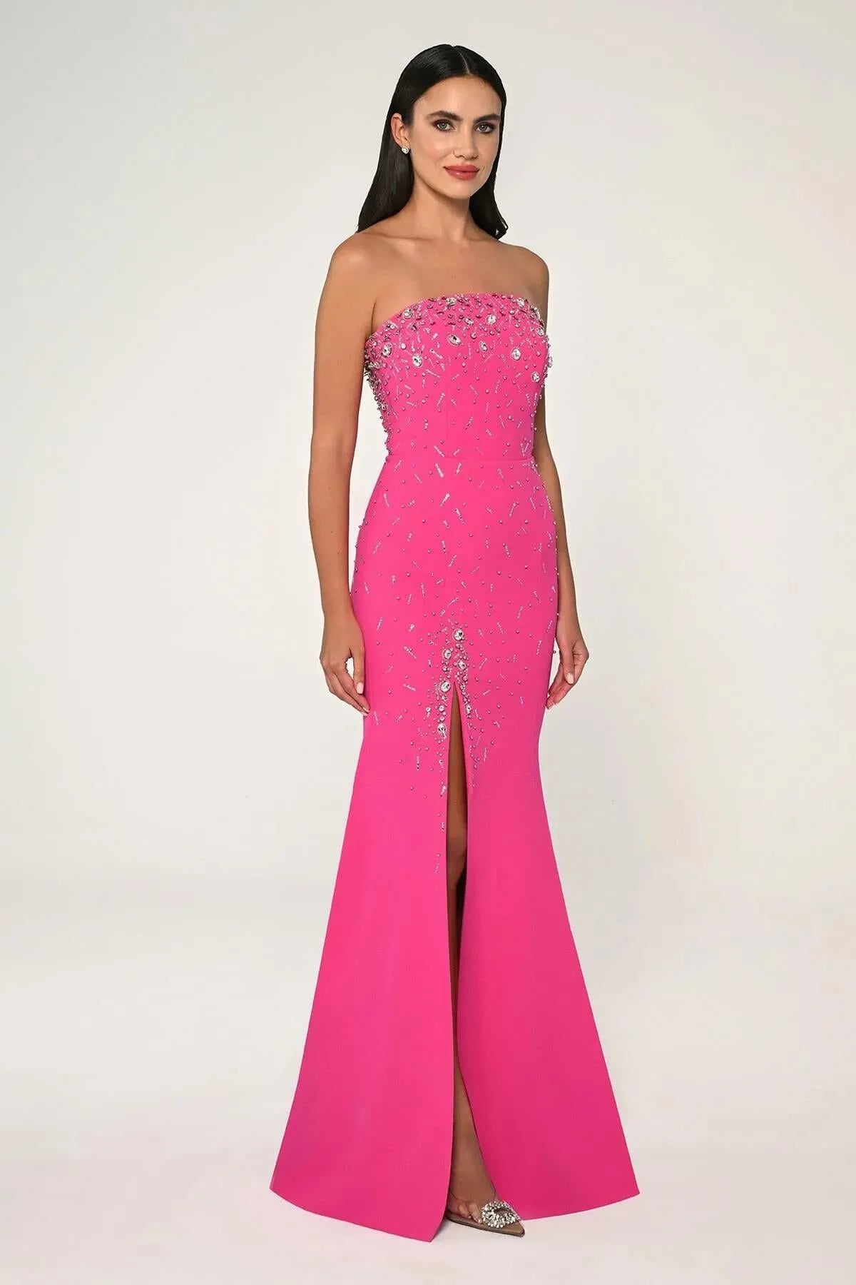 Strapless Crepe Stoned Long Evening Dress